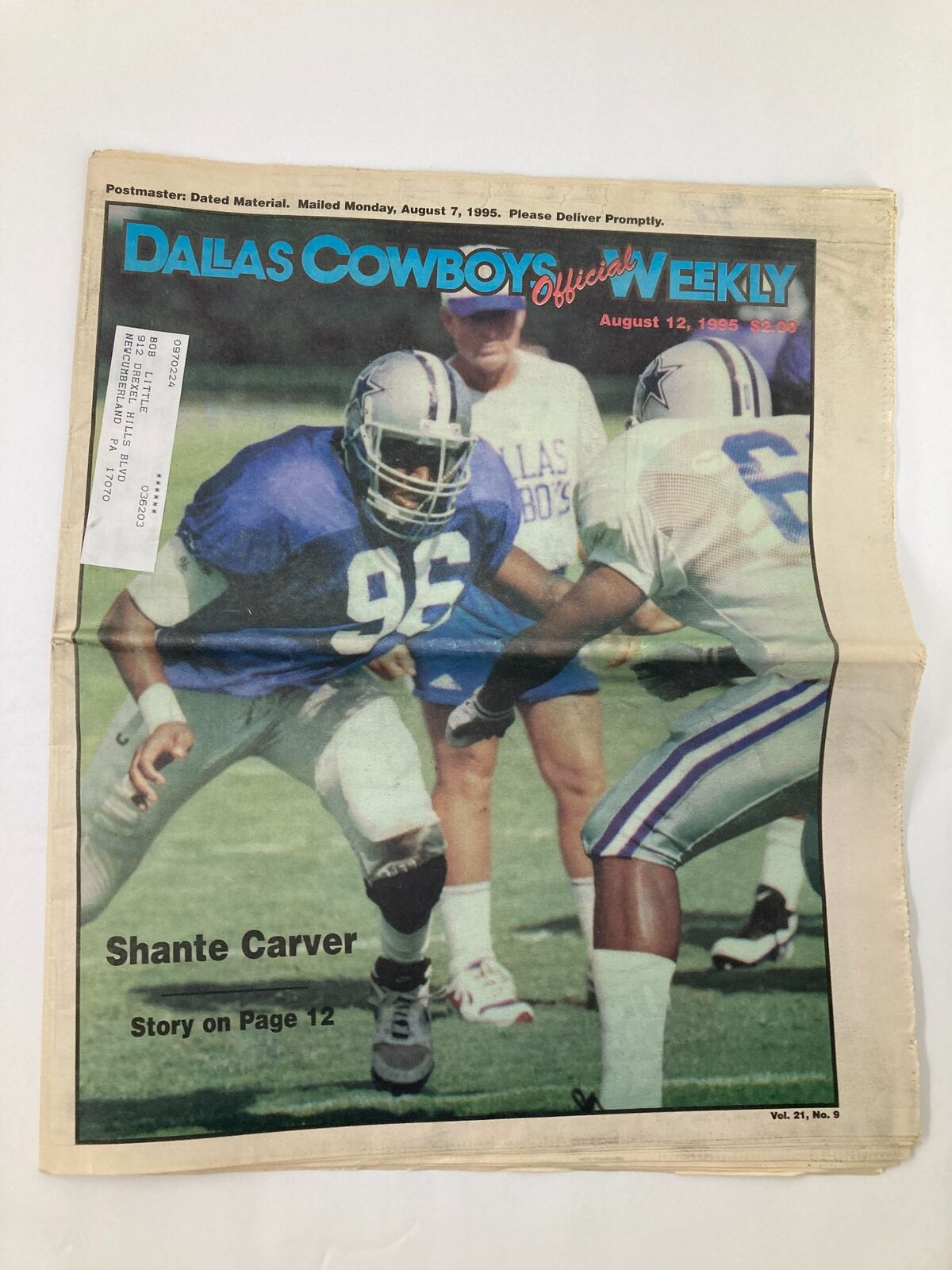 Dallas Cowboys Weekly Newspaper August 12 1995 Vol 21 #9 featuring Shante Carver on the cover, showcasing a football player wearing jersey number 96 in action during a practice.