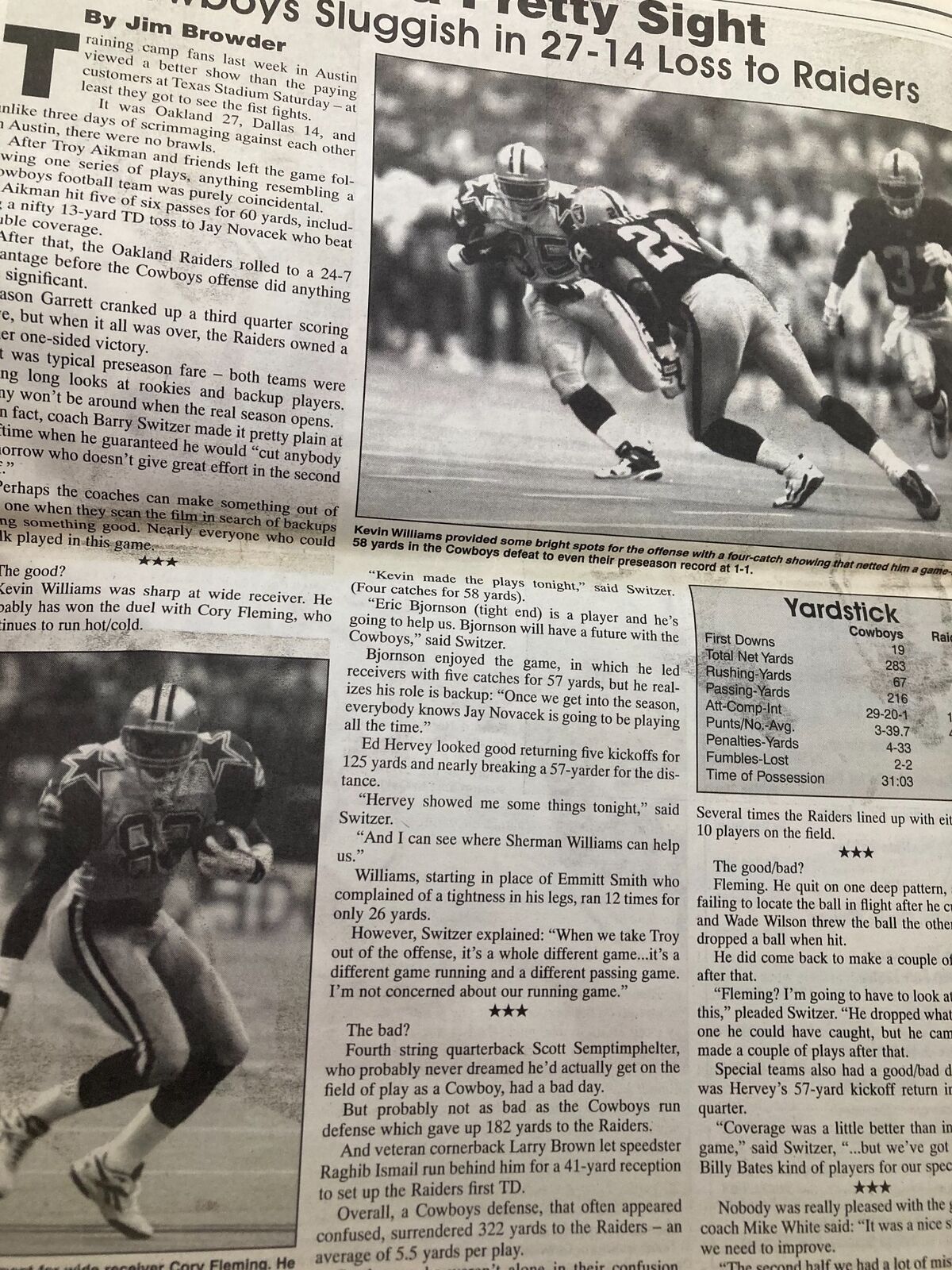 Article page from Dallas Cowboys Weekly Newspaper August 12 1995 Vol 21 #9, analyzing the Cowboys' recent performance with player statistics and insights.