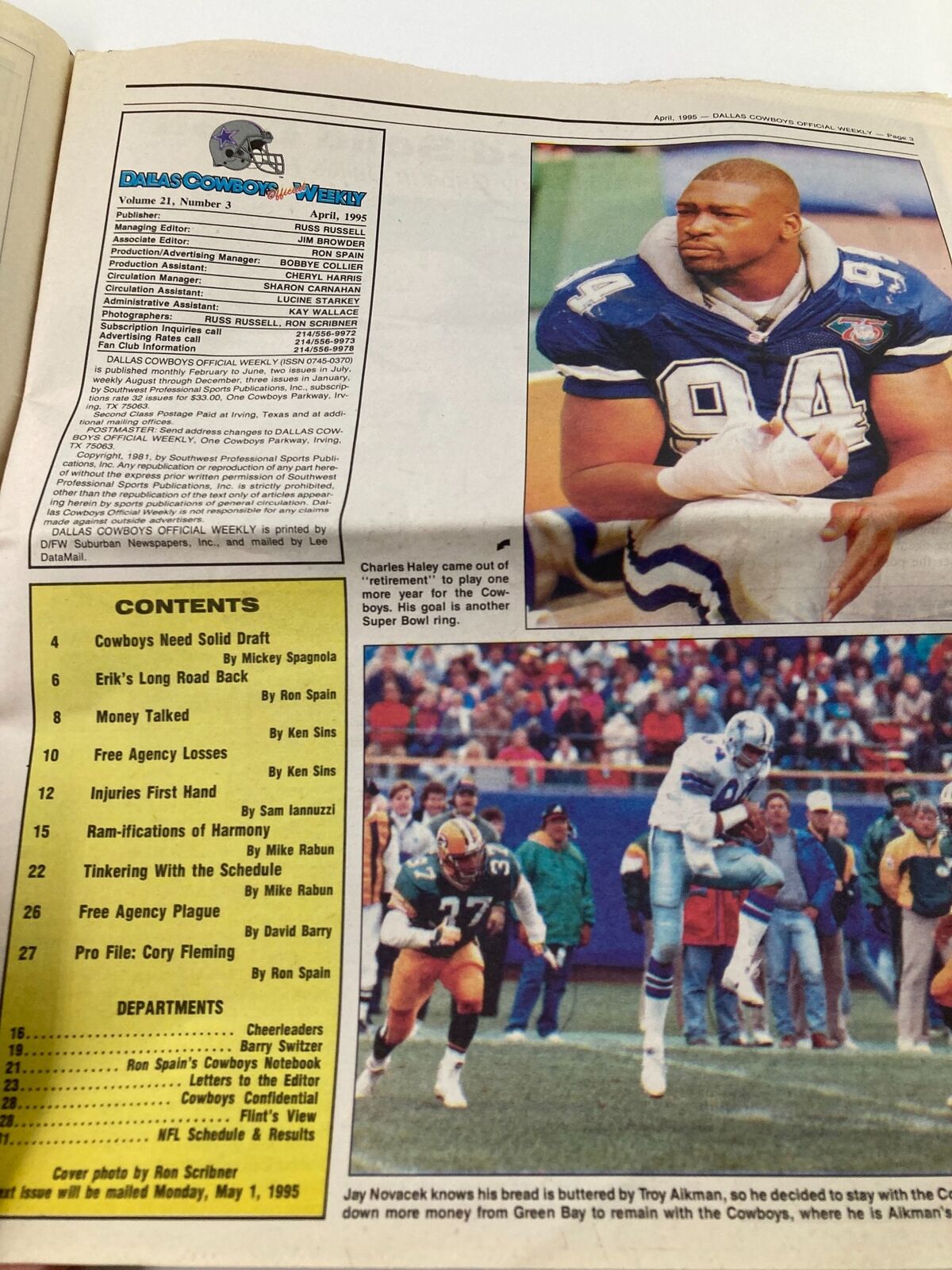 Inside page of Dallas Cowboys Weekly Newspaper from April 1995, showcasing article contents and featuring a photo of a player. The page highlights key topics including Erik Williams' rehabilitation.