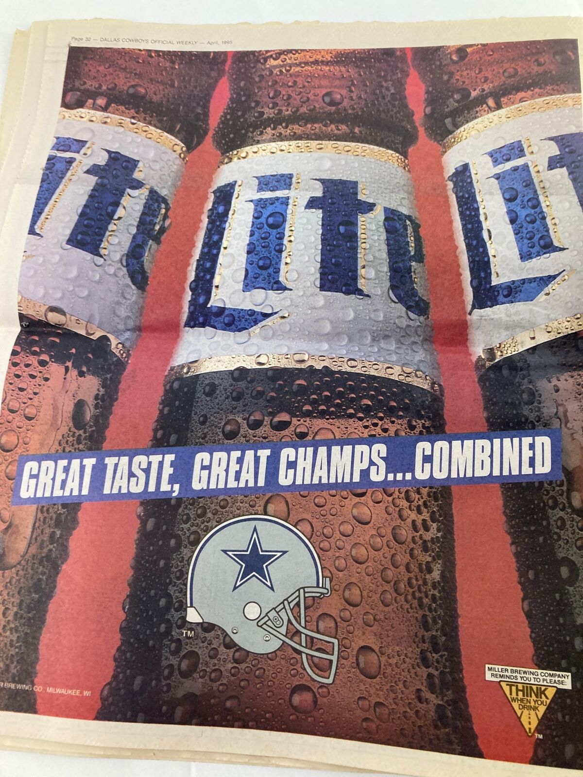 Dallas Cowboys Weekly Newspaper April 1995 Vol 21 #3 Erik Williams in Rehab, highlighting a vintage advertisement with the Cowboys logo promoting Miller Lite beer, emphasizing great taste and championship spirit.