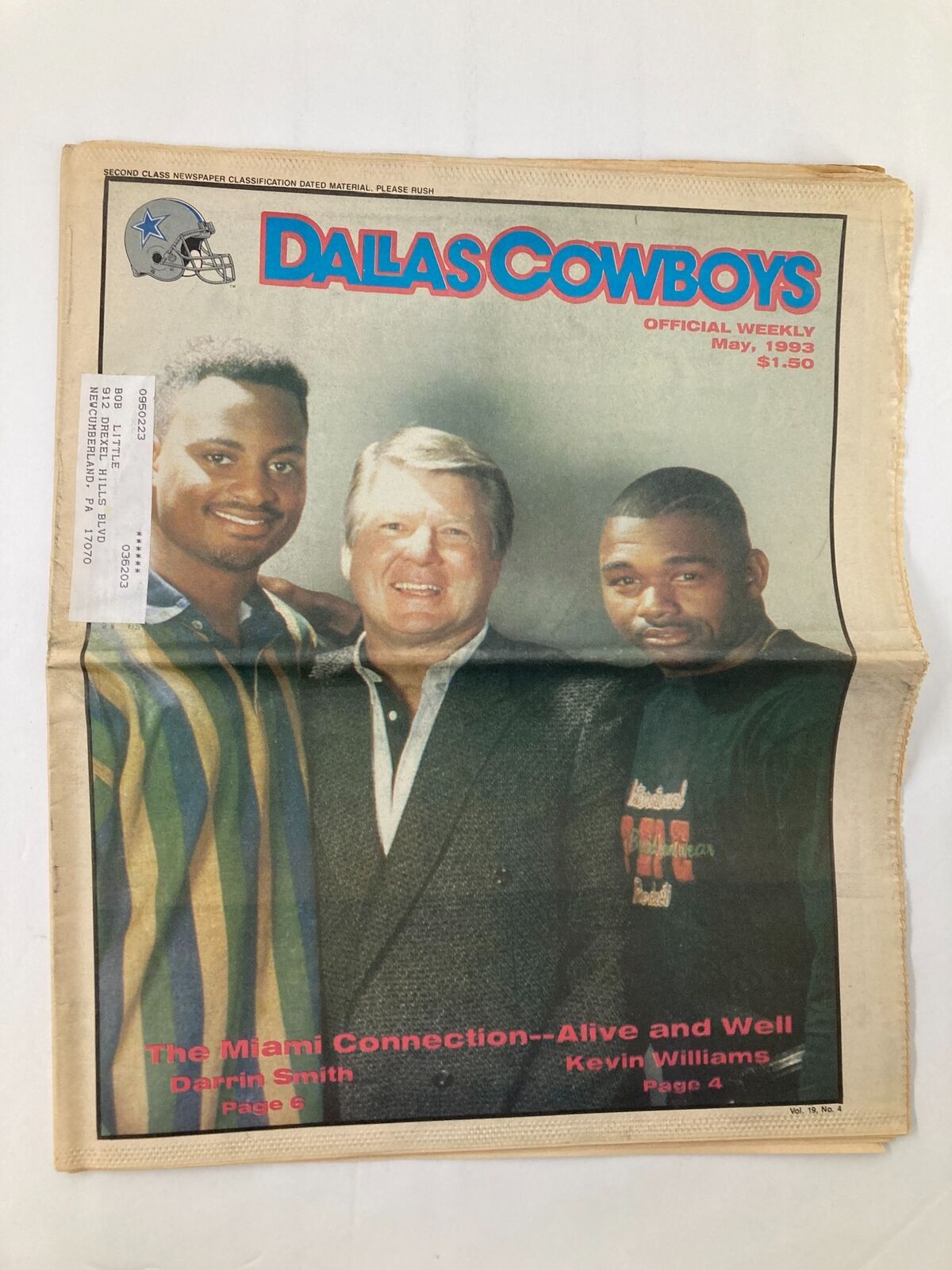 Dallas Cowboys Weekly Newspaper, May 1993, Vol 19 #4 featuring Darrin Smith and Kevin Williams, highlighting the Miami Connection, cover photo.