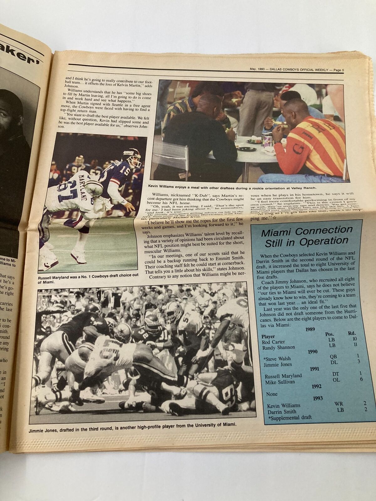 Dallas Cowboys Weekly Newspaper May 1993 Vol 19 #4 displaying a page featuring Miami connection including Kevin Williams and other players with photos.