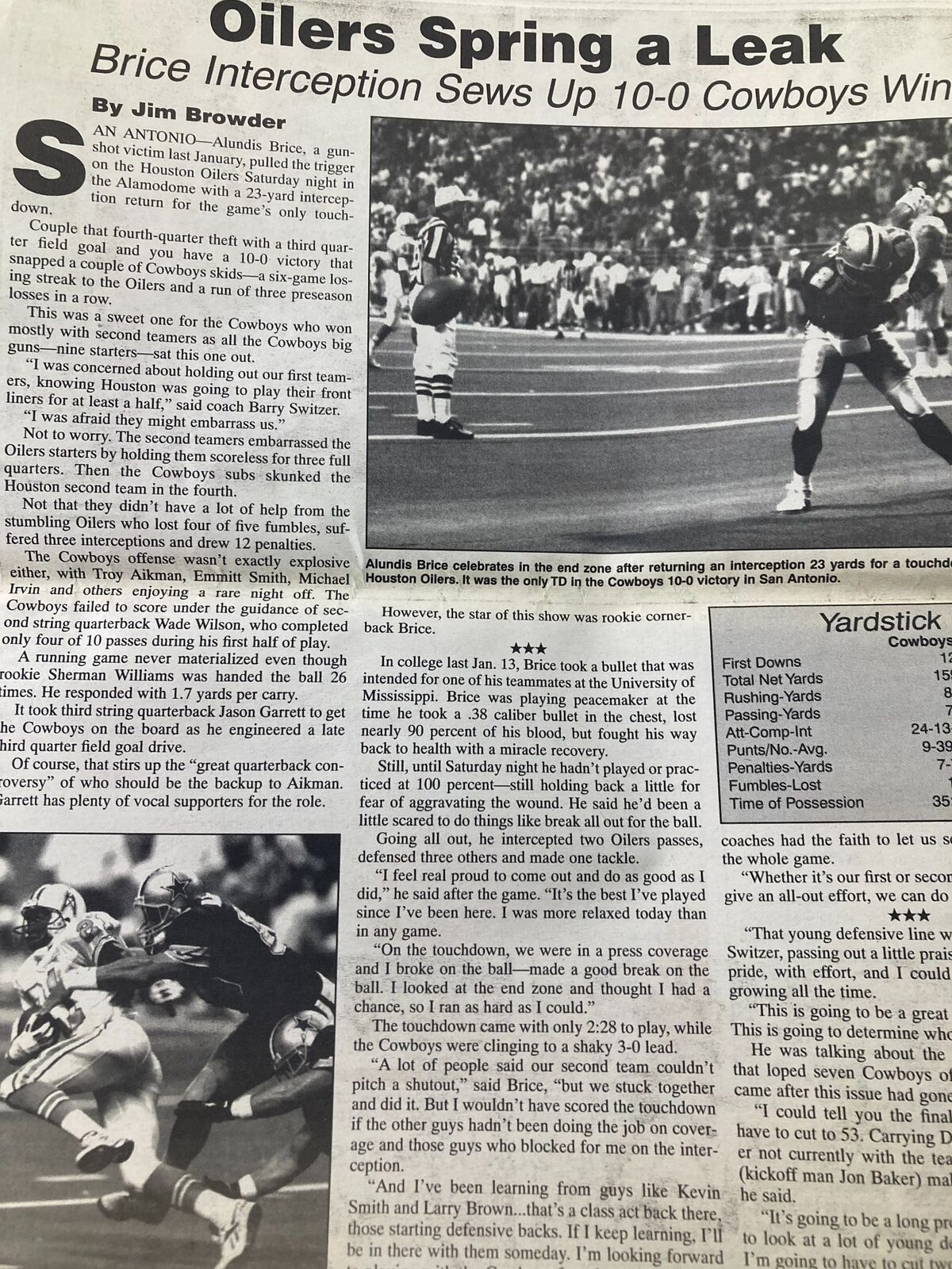 Dallas Cowboys Weekly Newspaper September 2 1995 Vol 21 #12 article titled 'Oilers Spring a Leak', discussing a game victory and key plays, showcasing notable game moments.