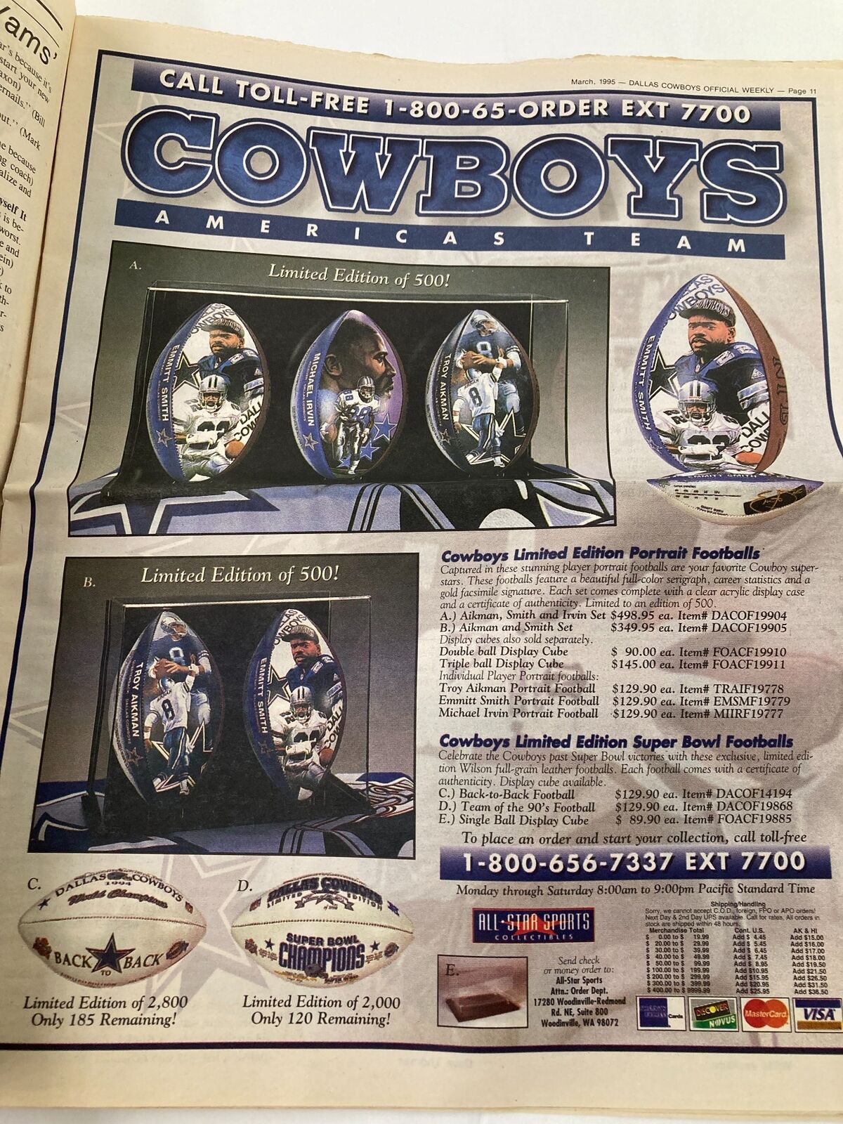 Advertisement in Dallas Cowboys Weekly Newspaper March 1995 for limited edition sports memorabilia, including portraits and Super Bowl footballs.