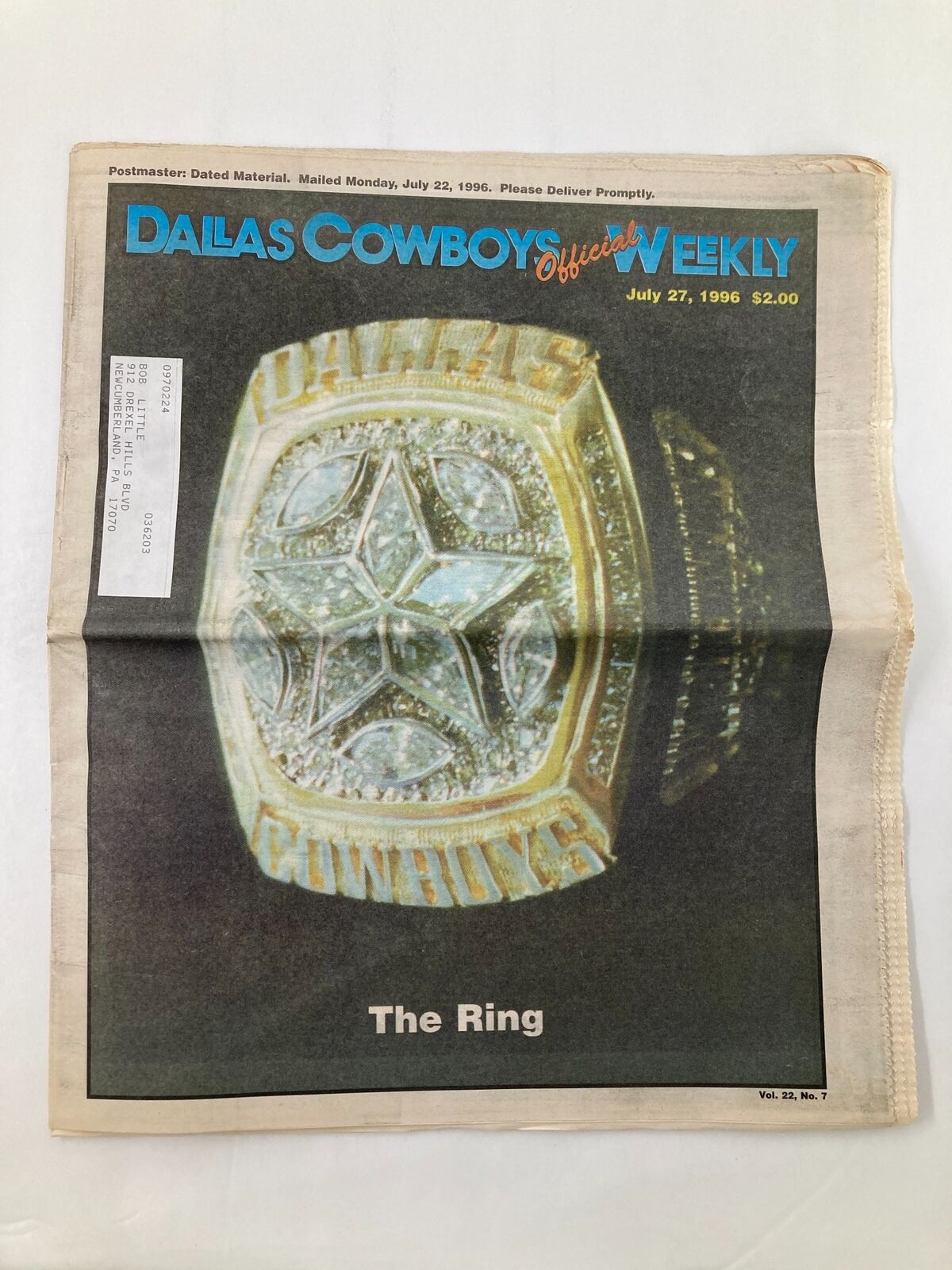 Dallas Cowboys Weekly Newspaper dated July 27, 1996, Volume 22 No. 7 featuring 'The Ring' on the front cover, depicting a prominent championship ring associated with the Dallas Cowboys.