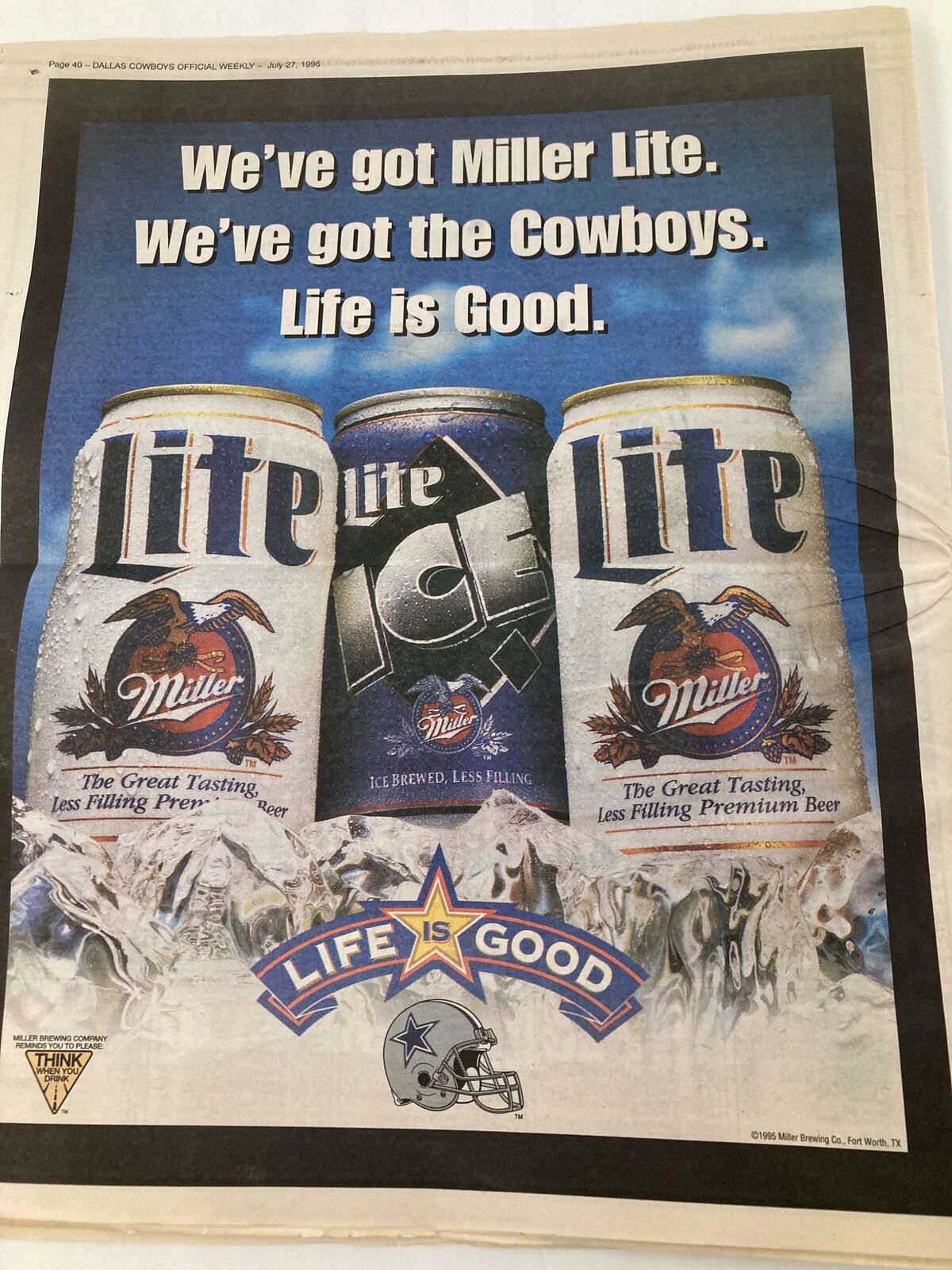 Dallas Cowboys Weekly Newspaper July 27 1996 Vol 22 #7 includes an advertisement for Miller Lite, showcasing beer cans with the slogan, "Life is Good."