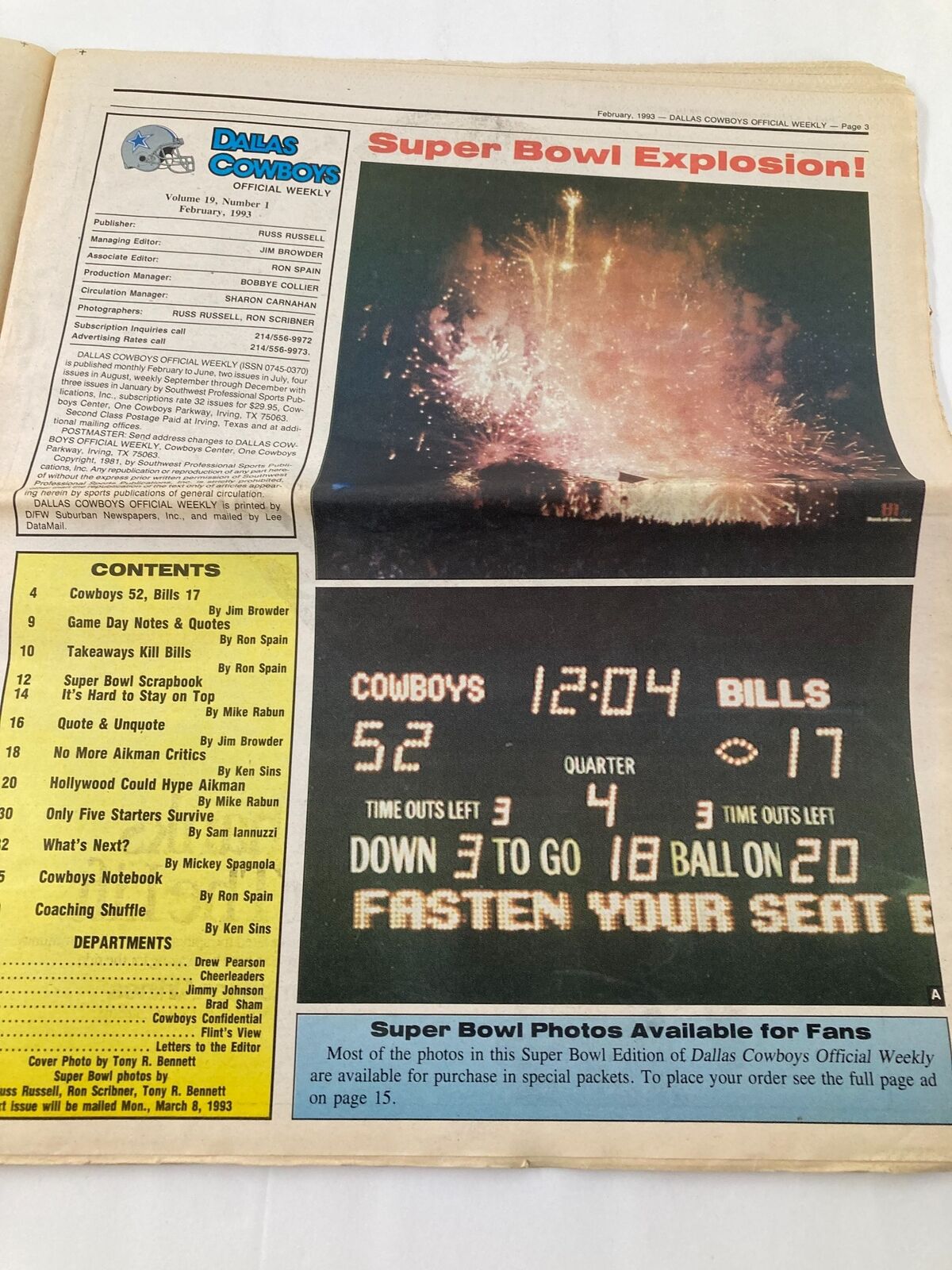 Cover of the Dallas Cowboys Weekly Newspaper February 1993 Vol 19 #1 highlighting Super Bowl Explosion, featuring a scoreboard showing Cowboys 52, Bills 17.