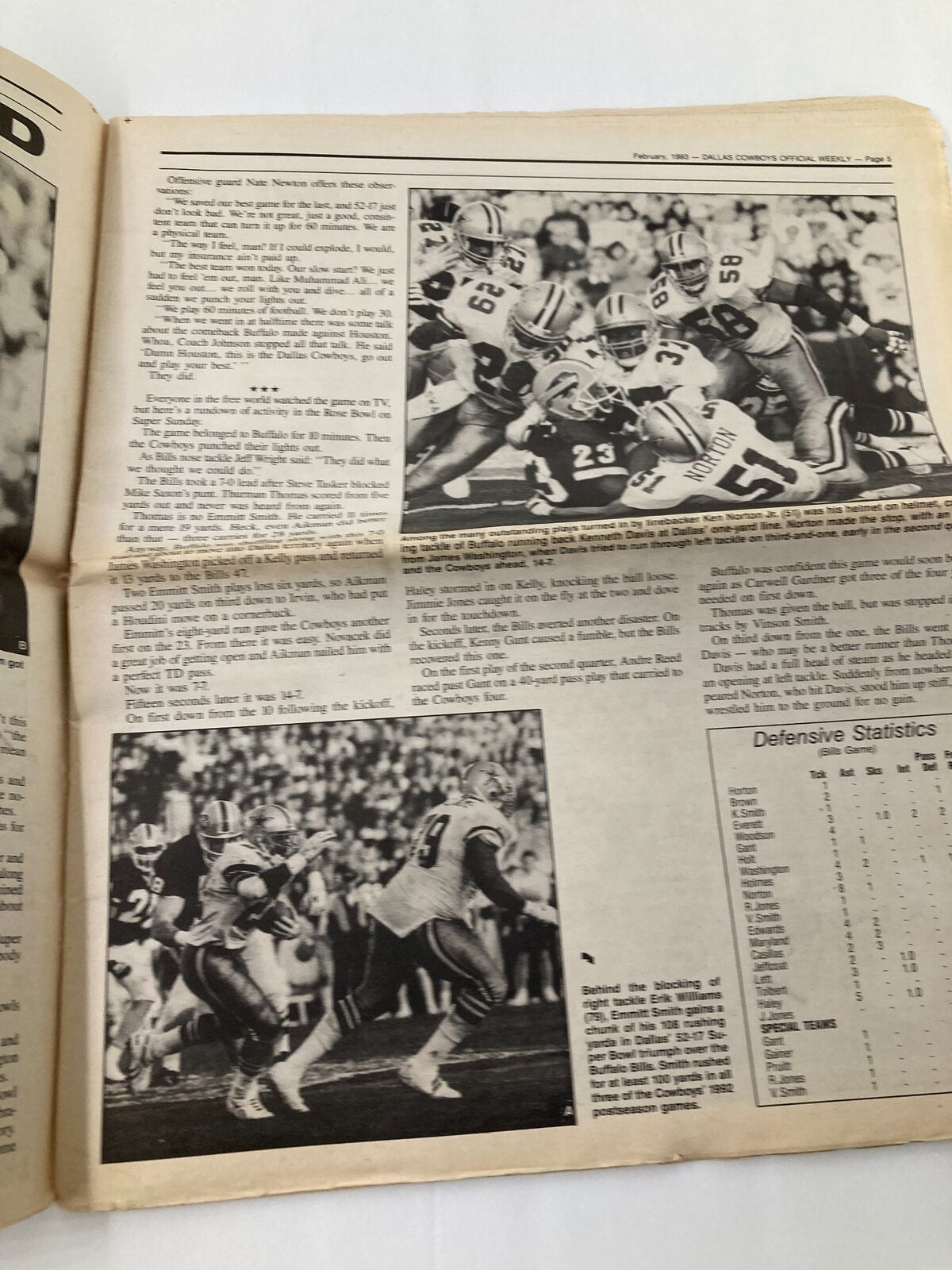 Inside page of the Dallas Cowboys Weekly Newspaper February 1993 Vol 19 #1 showing photographs of the Cowboys game against the Bills, along with a player statistic table.