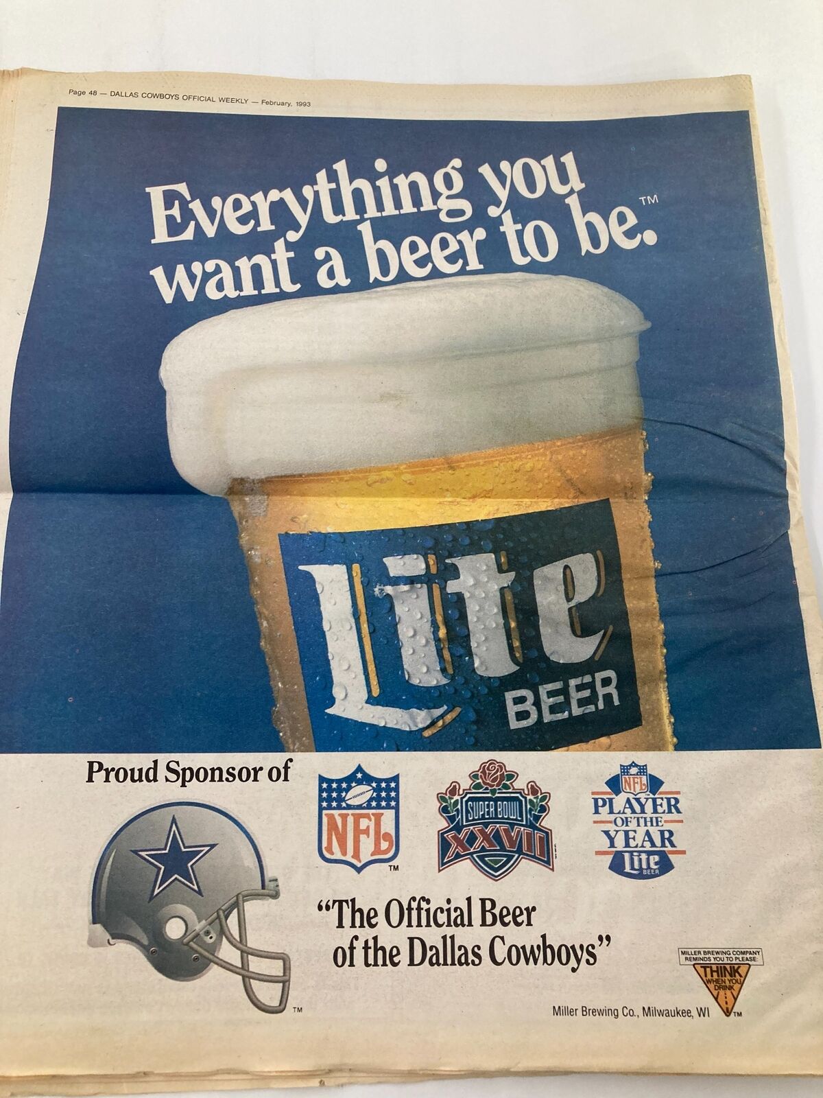 Advertisement page from the Dallas Cowboys Weekly Newspaper February 1993 Vol 19 #1 promoting Lite Beer as the official beer of the Dallas Cowboys.