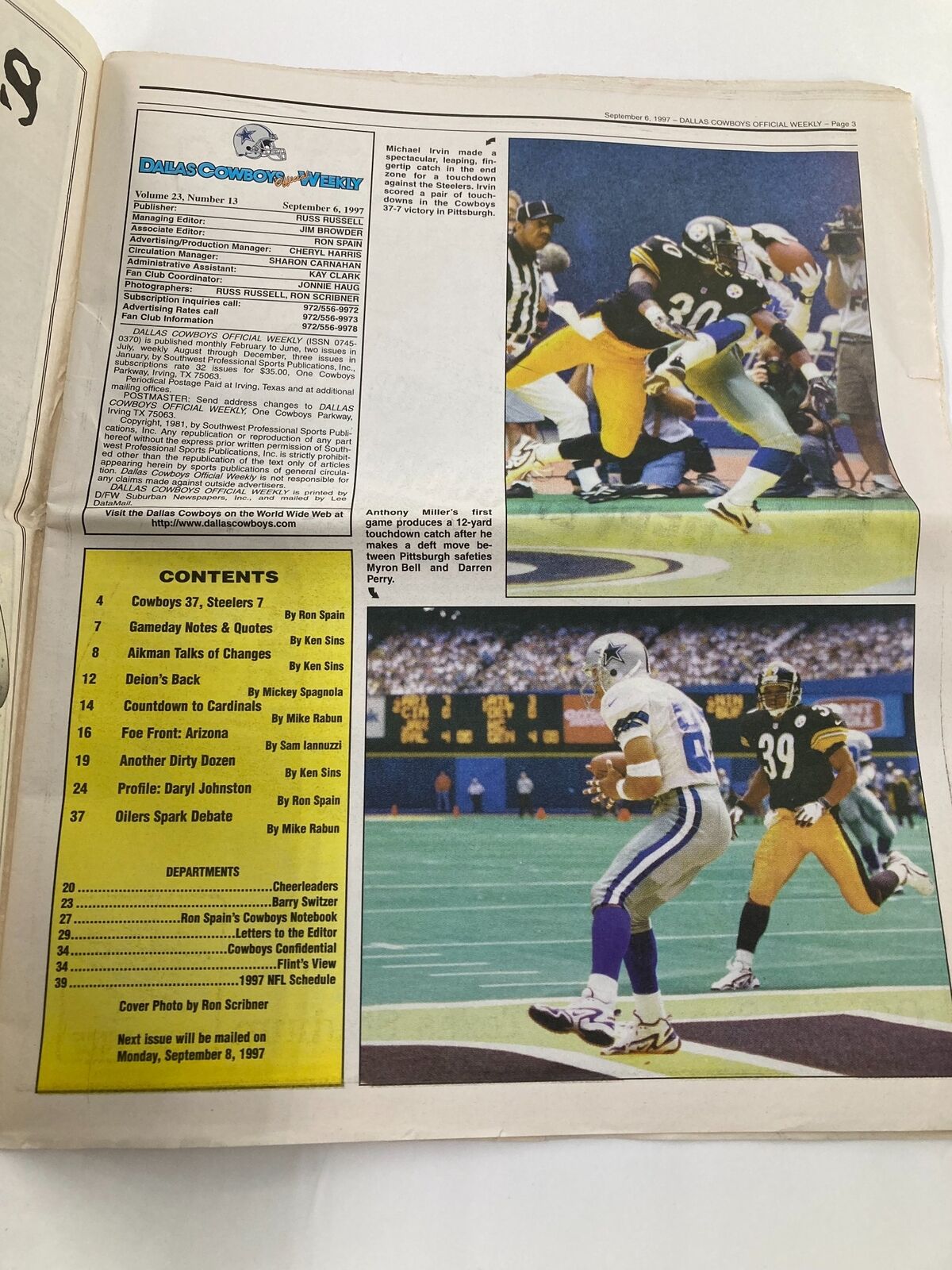 Dallas Cowboys Weekly Newspaper September 6 1997 Vol 23 #13 featuring a game illustration with players in action.