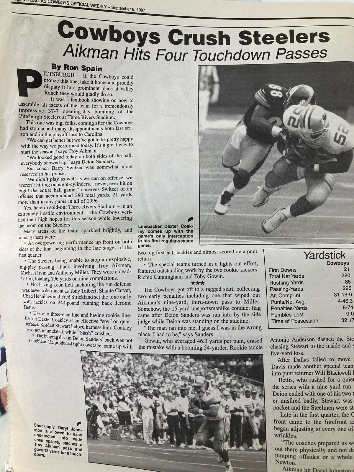 Dallas Cowboys Weekly Newspaper September 6 1997 Vol 23 #13 continuation of the article on the Cowboys' performance against the Steelers.