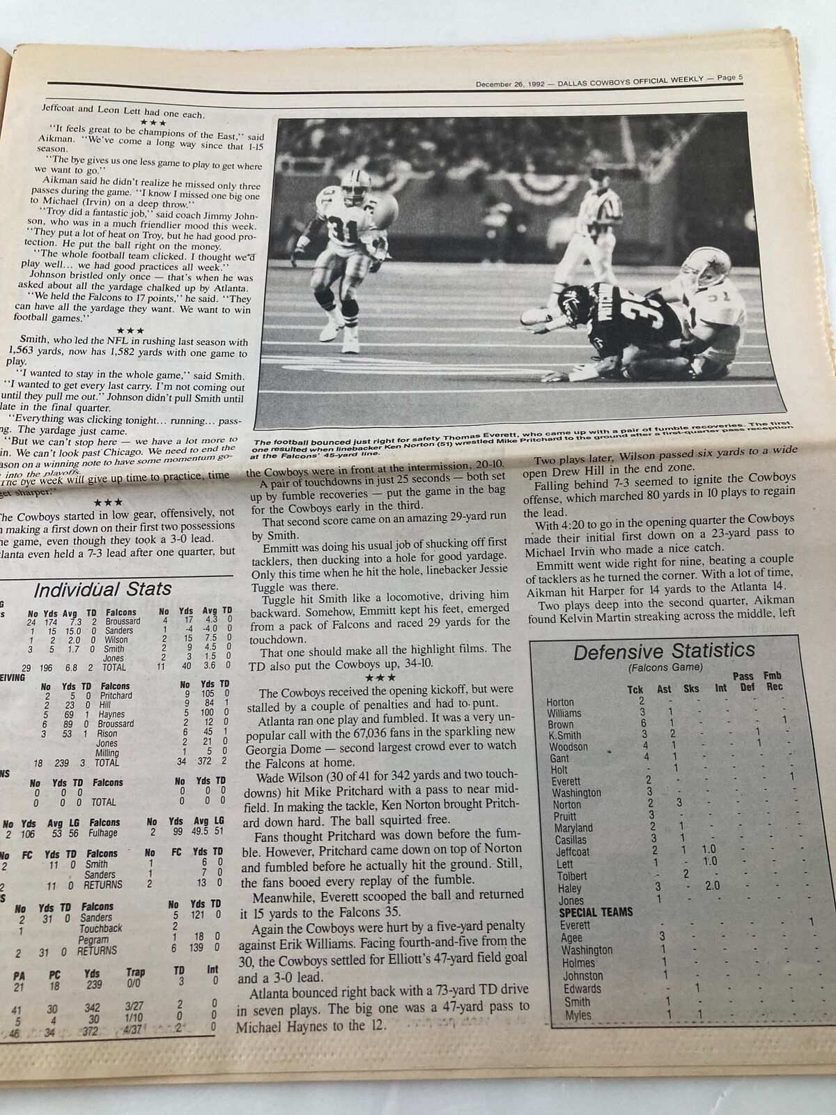 Dallas Cowboys Weekly Newspaper December 26 1992 Vol 19 #28 Tony Tolbert featuring match highlights and player statistics from the Cowboys vs Falcons game, showcasing significant gameplay moments.