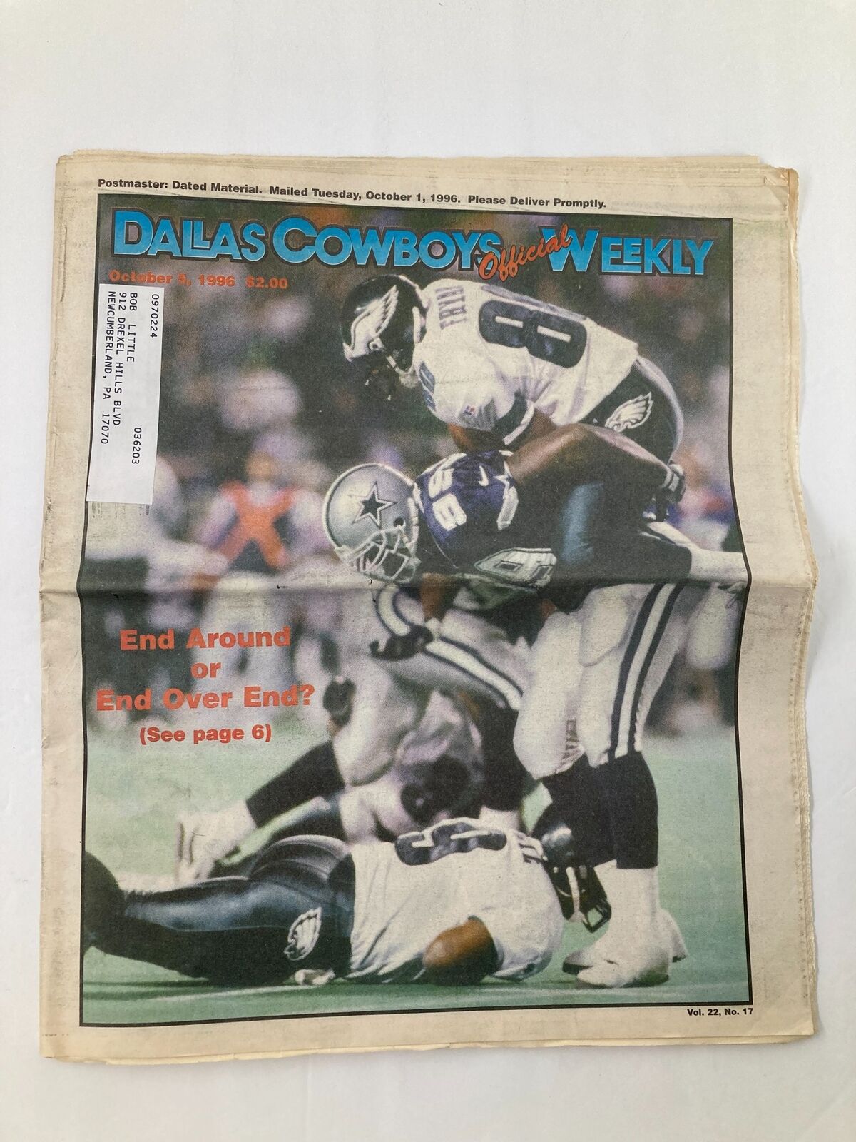Dallas Cowboys Weekly Newspaper October 5 1996 Vol 22 #17 featuring a graphic cover depicting players in action during the Cowboys vs Eagles game.