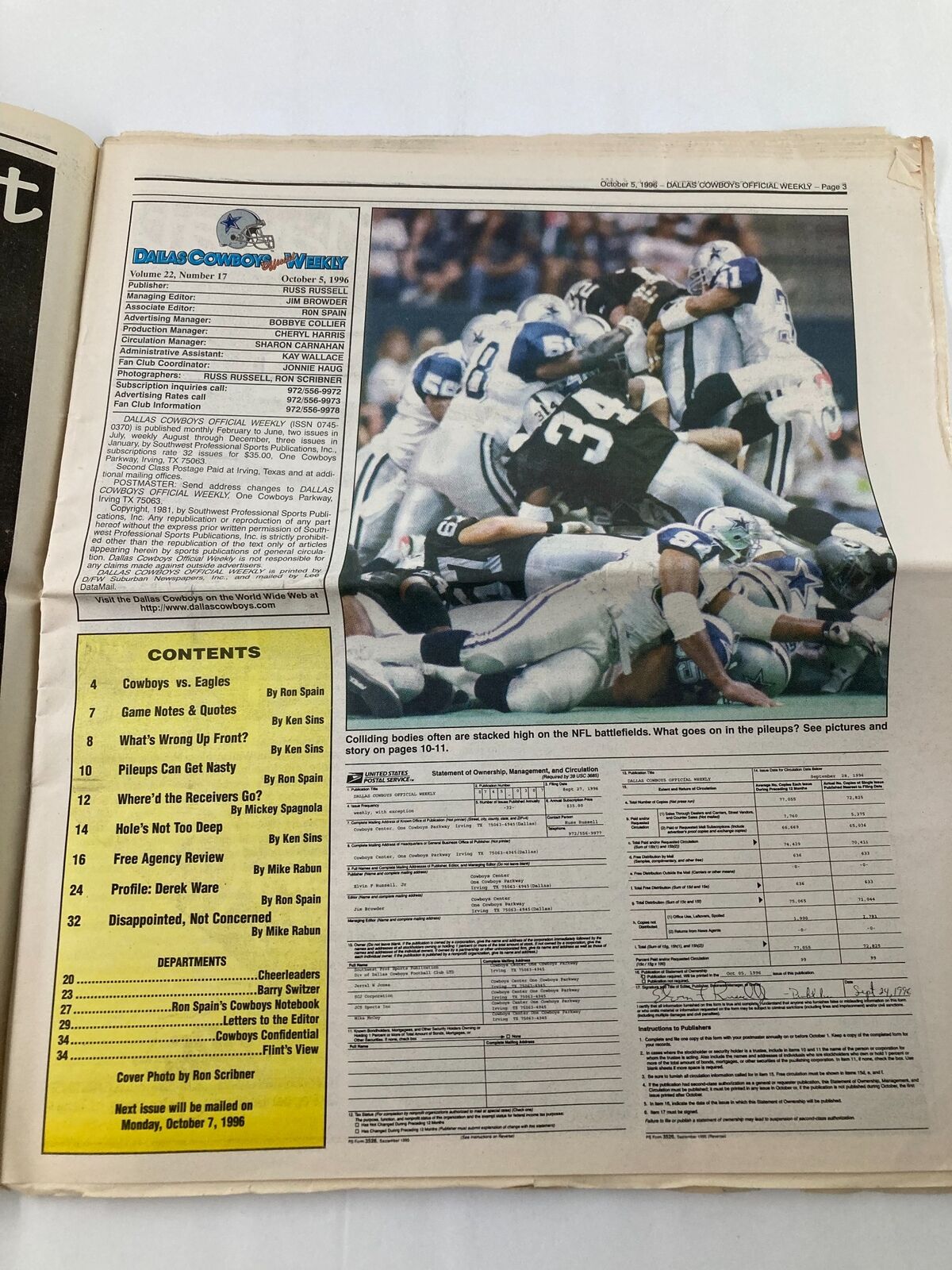 Repeat of the front page of the Dallas Cowboys Weekly Newspaper, October 5, 1996, Vol 22 #17, showcasing the Cowboys vs Eagles matchup and detailed game information.
