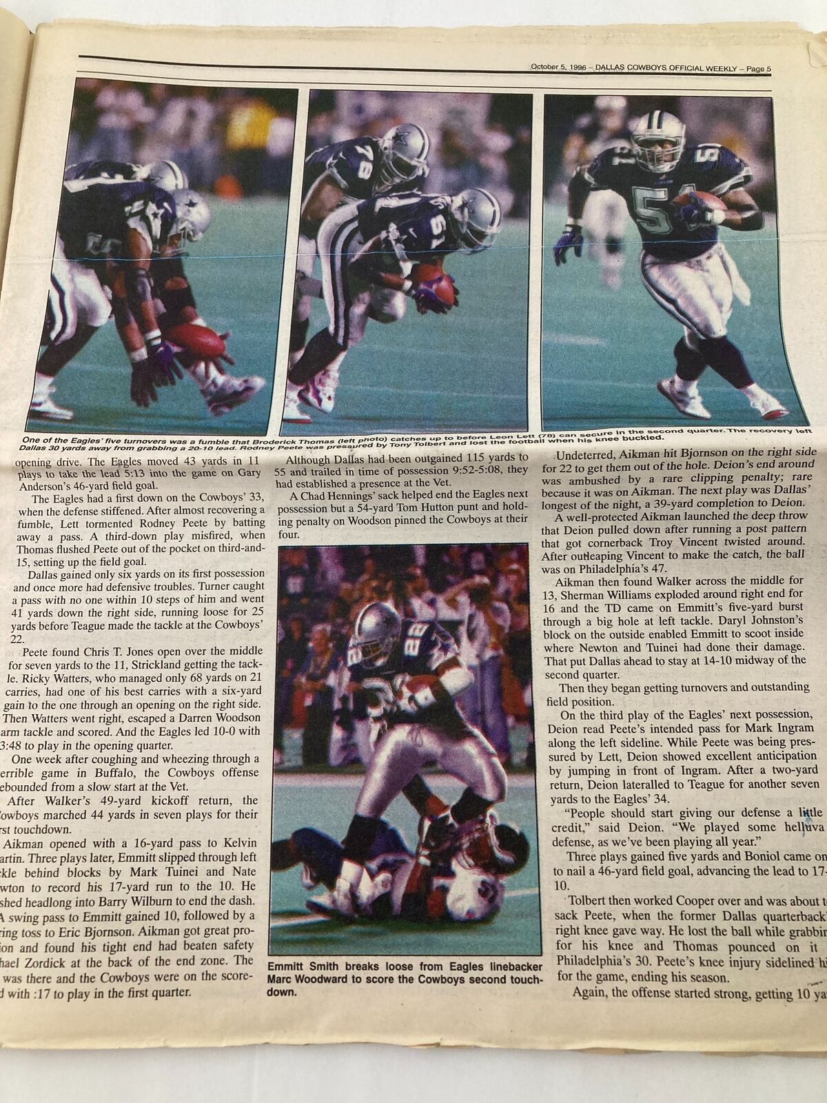Dallas Cowboys Weekly Newspaper October 5 1996 featuring game highlights with players in action during the Cowboys vs Eagles matchup.