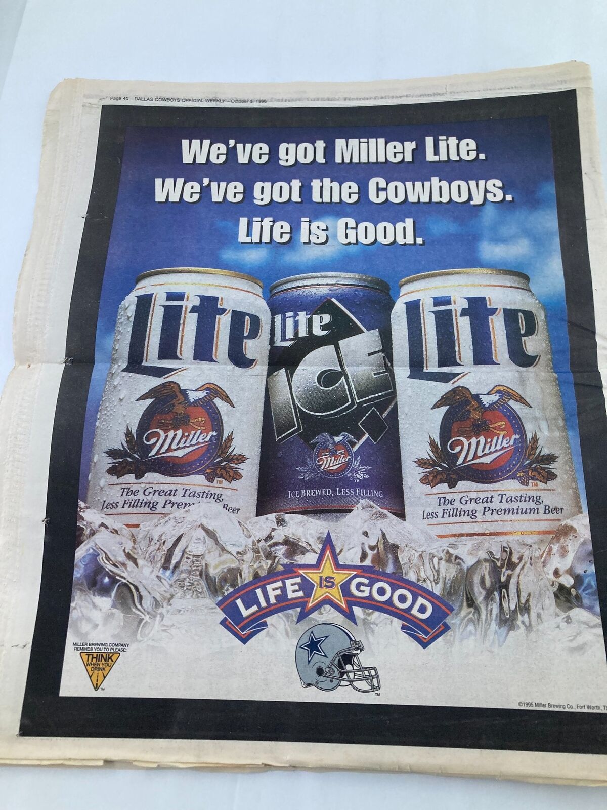 Dallas Cowboys Weekly Newspaper October 5 1996 advertisement for Miller Lite beers, showcasing a visual theme of the Cowboys and the slogan 'Life is Good.'