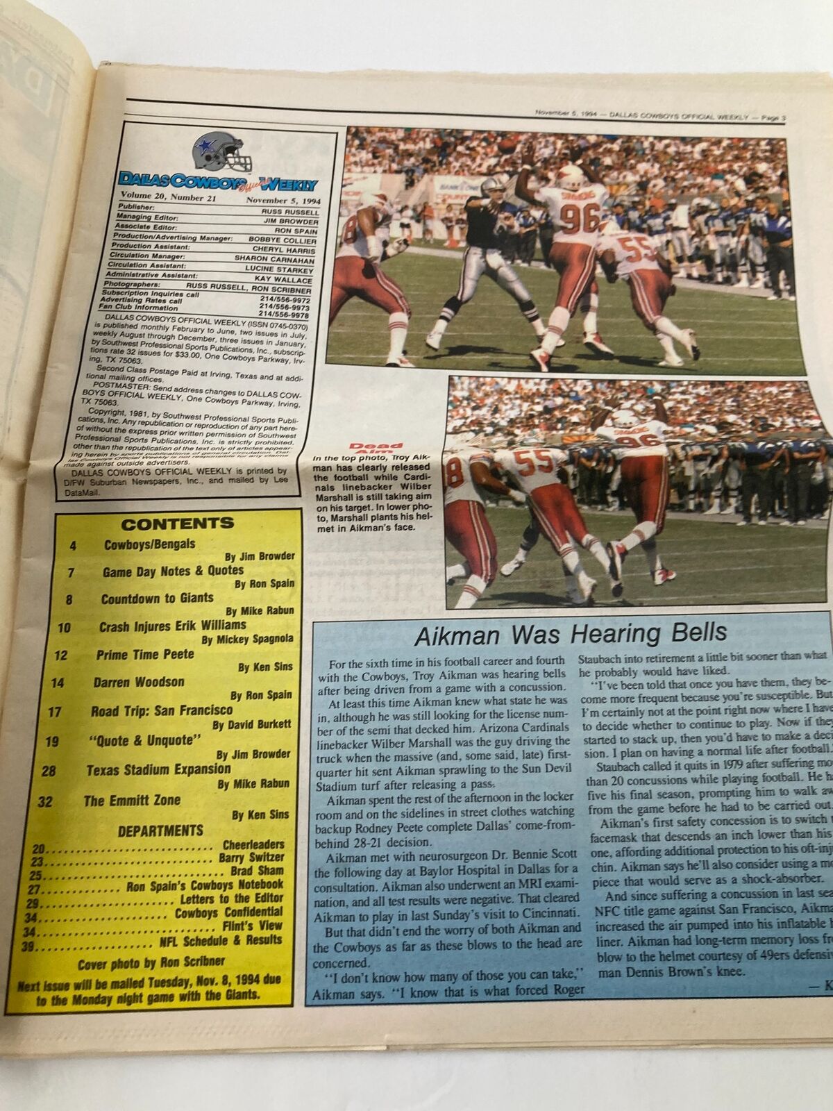 Dallas Cowboys Weekly Newspaper November 5, 1994, Vol 20 #21 contains an article titled 'Aikman Was Hearing Bells' with game details and player statistics.