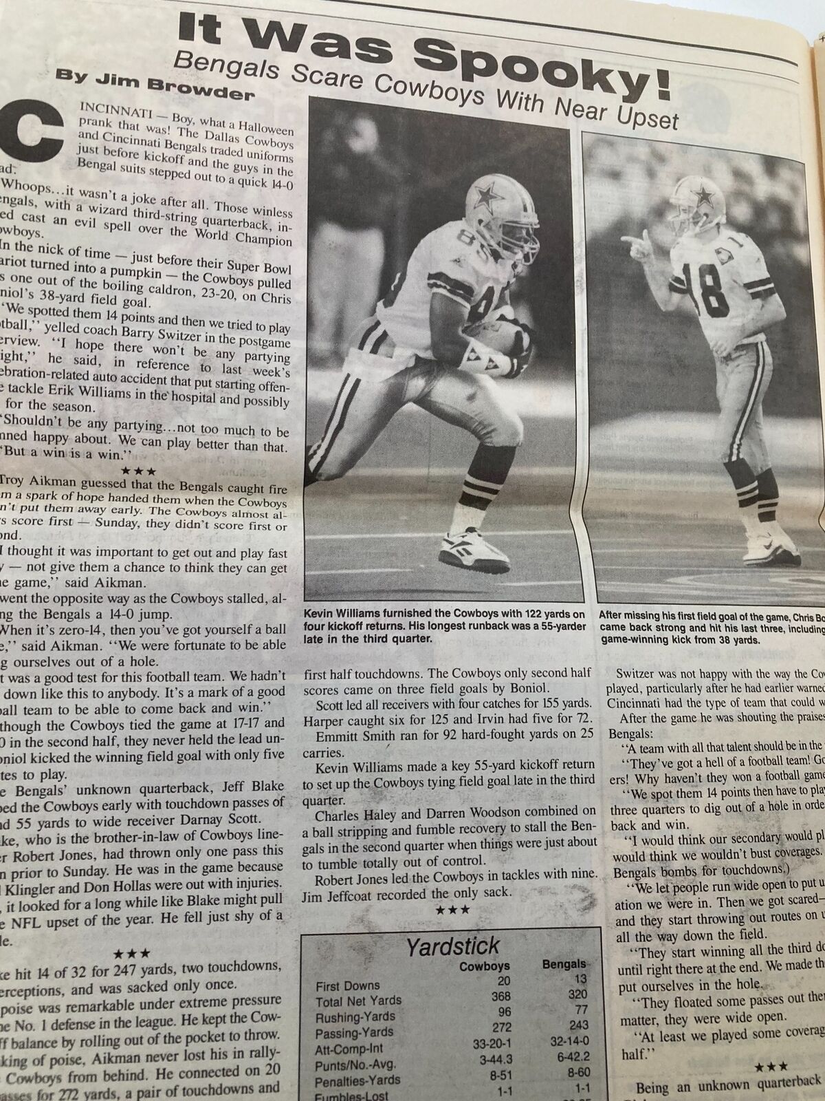 Dallas Cowboys Weekly Newspaper November 5 1994 Vol 20 #21 featuring the article 'It Was Spooky! Bengals Scare Cowboys With Near Upset', showcasing game highlights and player statistics.
