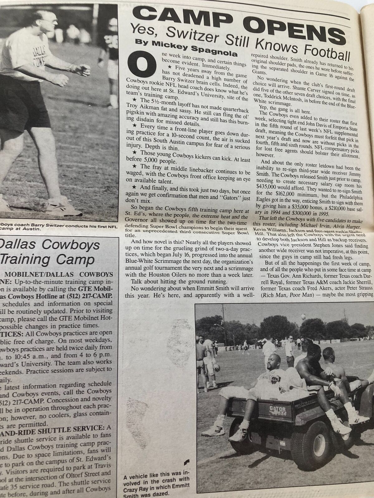 Dallas Cowboys Weekly Newspaper July 30 1994 Vol 20 #7 page depicting players during Training Camp, emphasizing football practices.