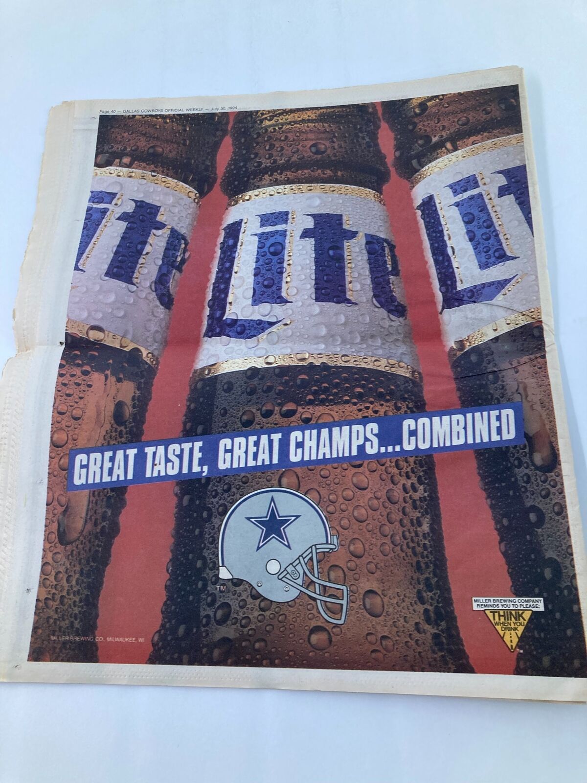 Dallas Cowboys Weekly Newspaper July 30 1994 Vol 20 #7 Training Camp Opens advertisement showcasing Miller Lite beer, emphasizing 'Great Taste, Great Champs...Combined' with Dallas Cowboys logo.