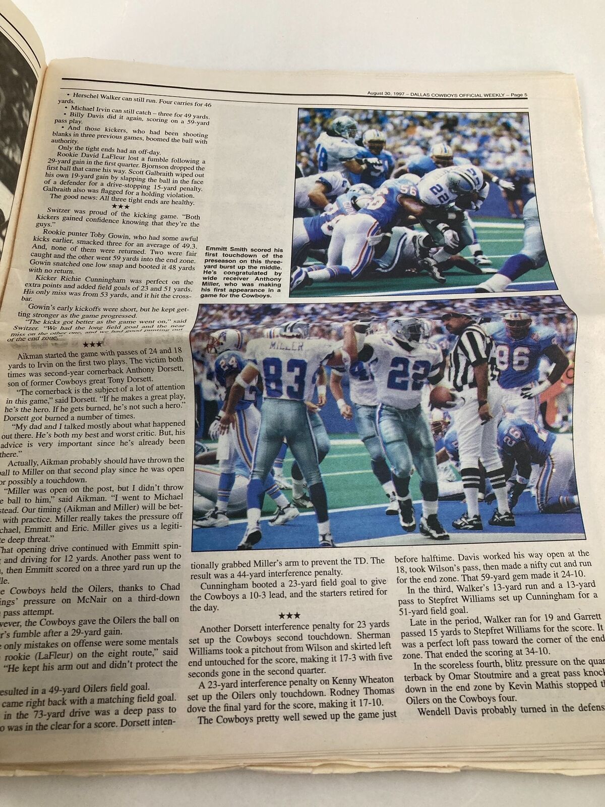 Inside page of the Dallas Cowboys Weekly Newspaper August 30 1997 Vol 23 #12 showcasing a game highlight with images of players and commentary on a crucial play during the Cowboys' season.