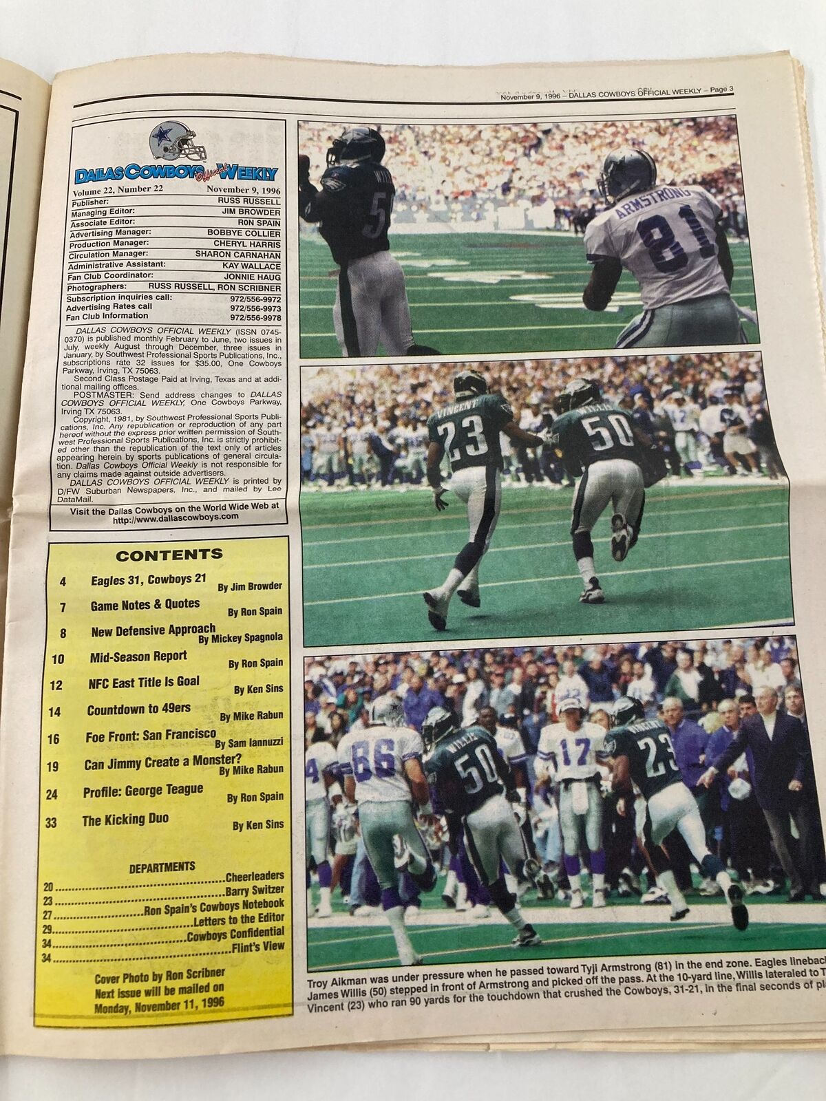 Dallas Cowboys Weekly Newspaper November 9 1996 Vol 22 #22 Troy Aikman featuring game highlights with players from the Dallas Cowboys in action during a game, capturing the excitement of football.