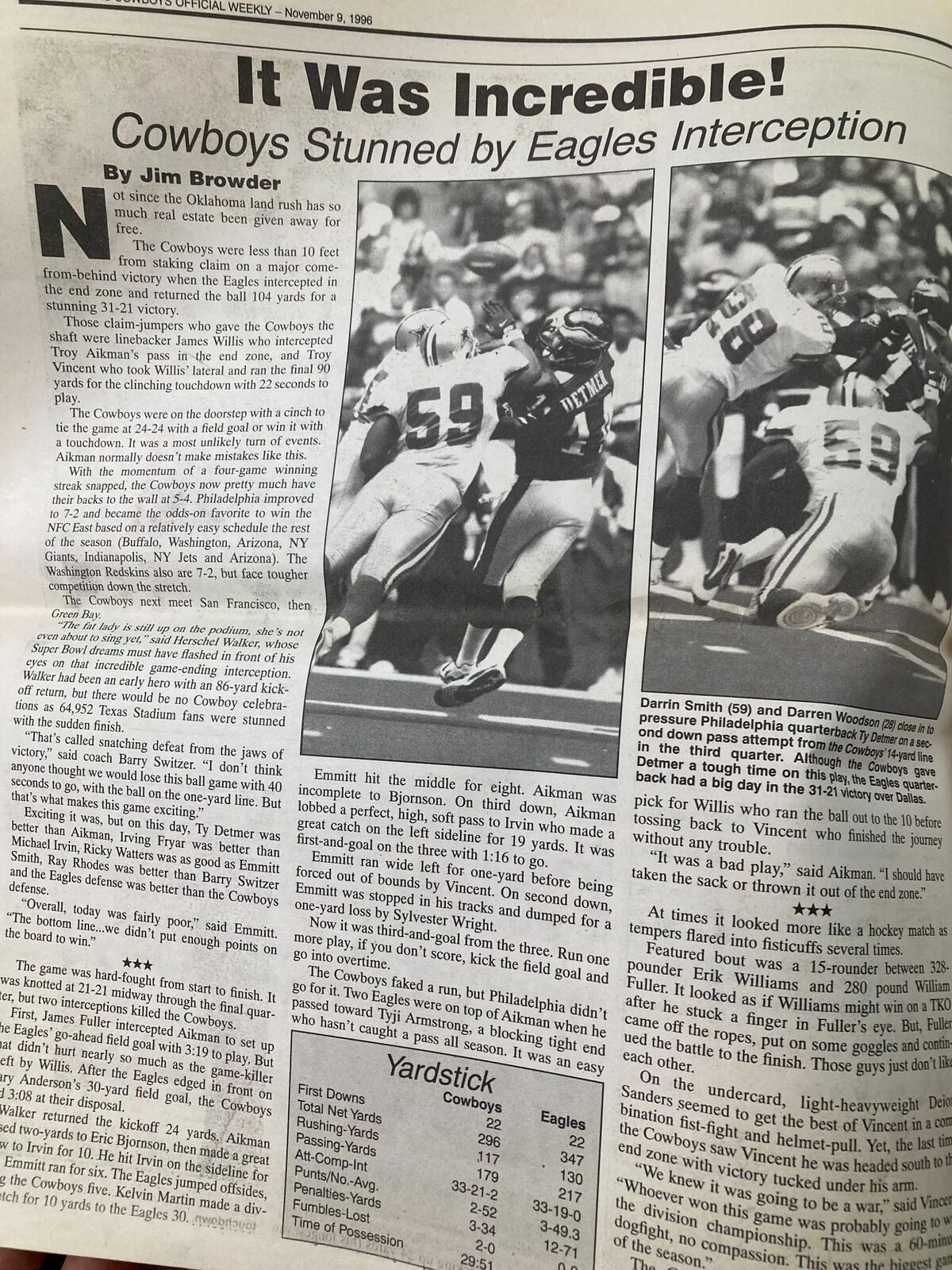 Dallas Cowboys Weekly Newspaper November 9 1996 Vol 22 #22 Troy Aikman showcasing an article titled 'It Was Incredible!' covering a stunning game against the Eagles, with key statistics and player performances.