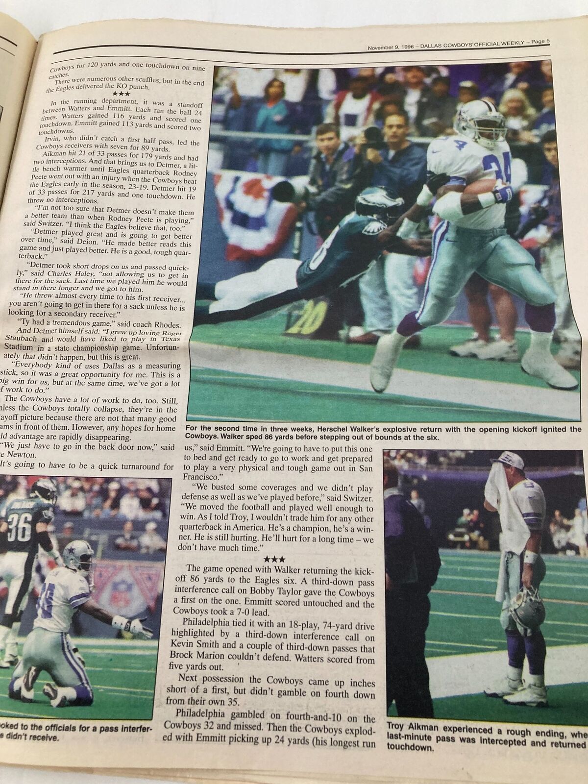 Dallas Cowboys Weekly Newspaper November 9 1996 Vol 22 #22 Troy Aikman displaying a detailed analysis of a Cowboys game, featuring player Troy Aikman and critical in-game moments captured in the report.