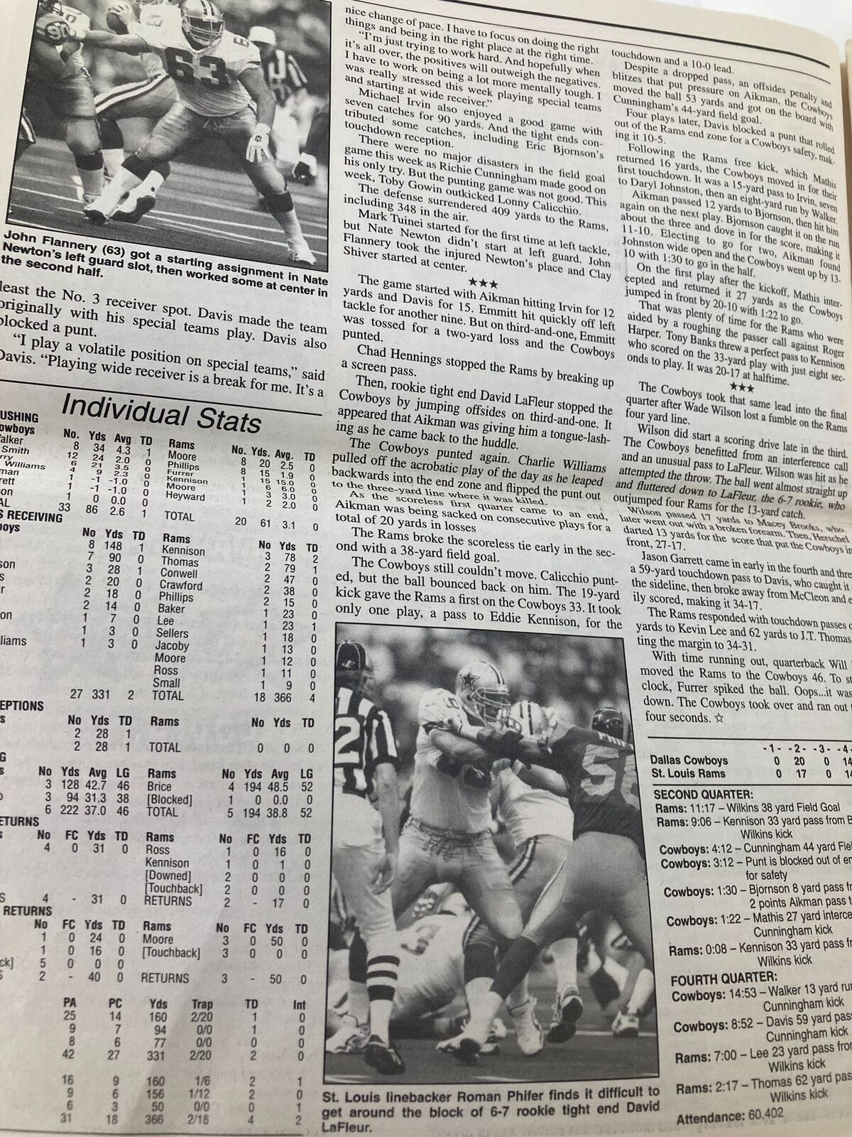 Interior page of Dallas Cowboys Weekly Newspaper August 23, 1997 Vol 23 #11 displaying individual game stats and highlights.