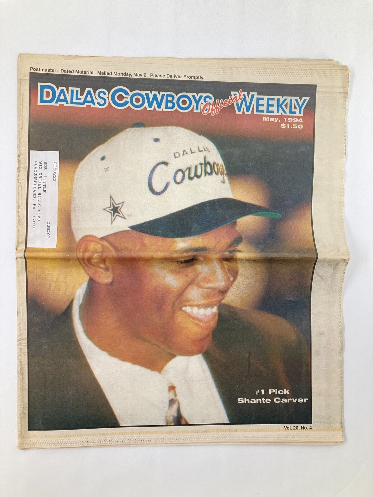 Dallas Cowboys Weekly Newspaper May 1994 Vol 20 #4 featuring Shante Carver as the #1 Pick, showcasing a smiling young athlete wearing a Dallas Cowboys cap.