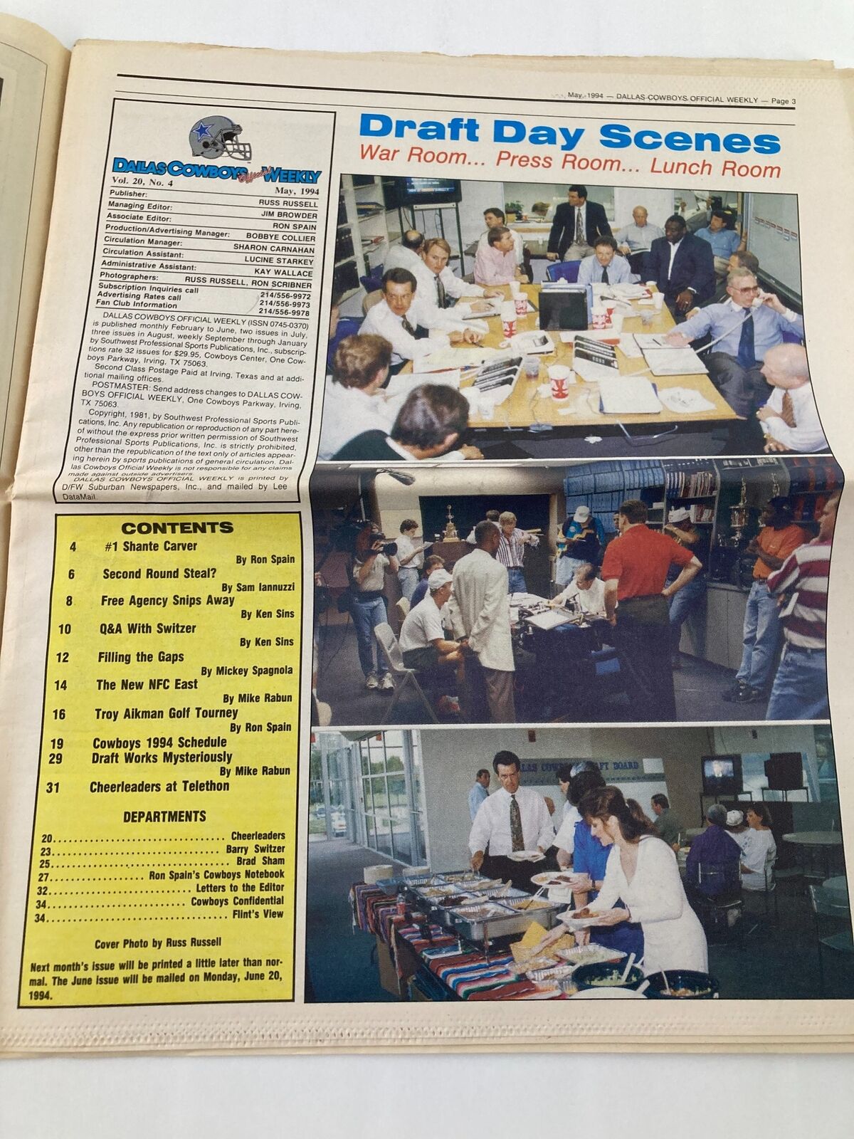 Draft Day scenes from the Dallas Cowboys Weekly Newspaper May 1994 Vol 20 #4 featuring various staff members in a meeting, with tables filled with documents and materials for draft preparations.