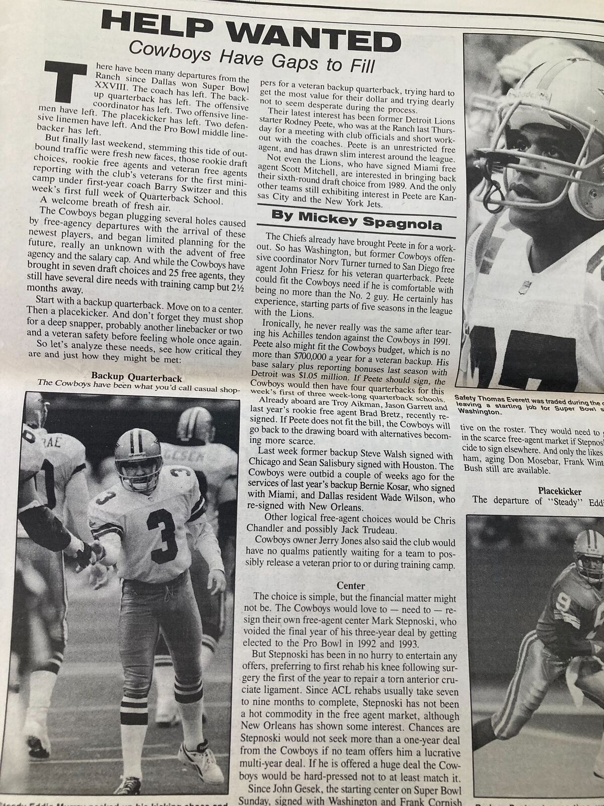 Help Wanted article from the Dallas Cowboys Weekly Newspaper May 1994 Vol 20 #4 highlighting the need for a quarterback, alongside a photo of a Dallas Cowboys player, reflecting team dynamics during player transitions.