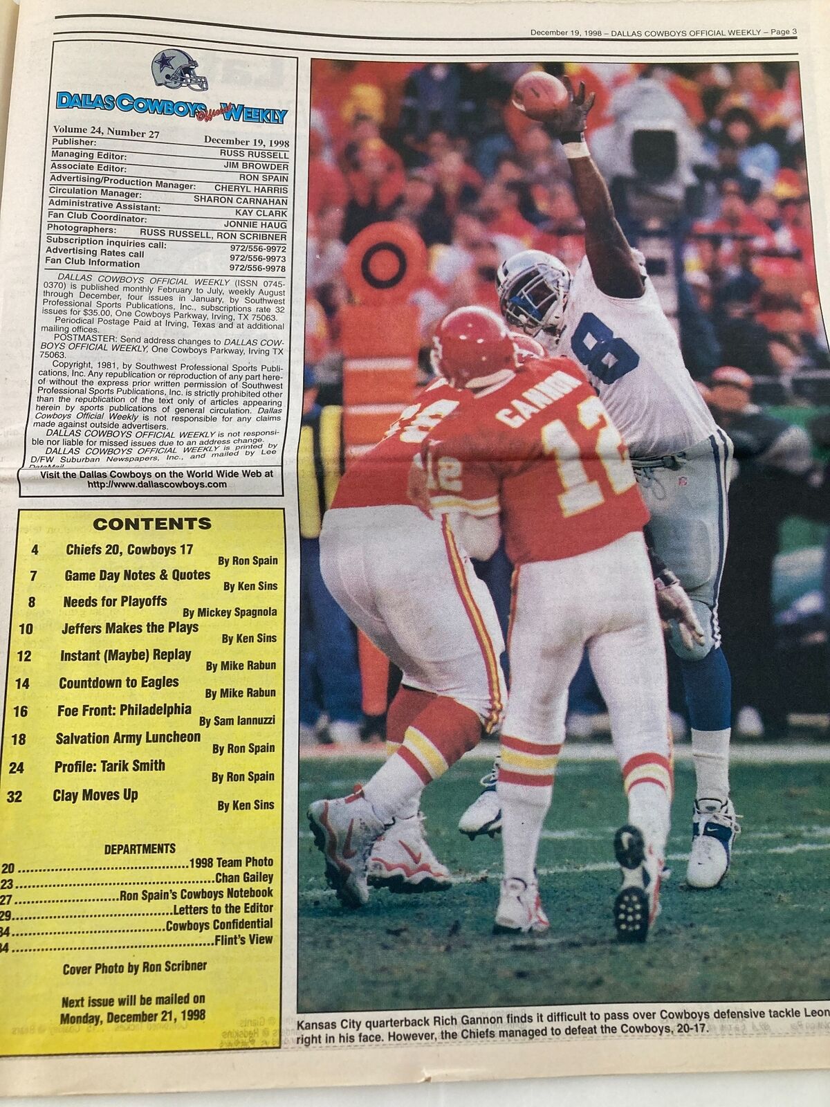 Page featuring the contents of the Dallas Cowboys Weekly newspaper from December 16, 1998, Vol 24 #27, including game highlights and player profiles.