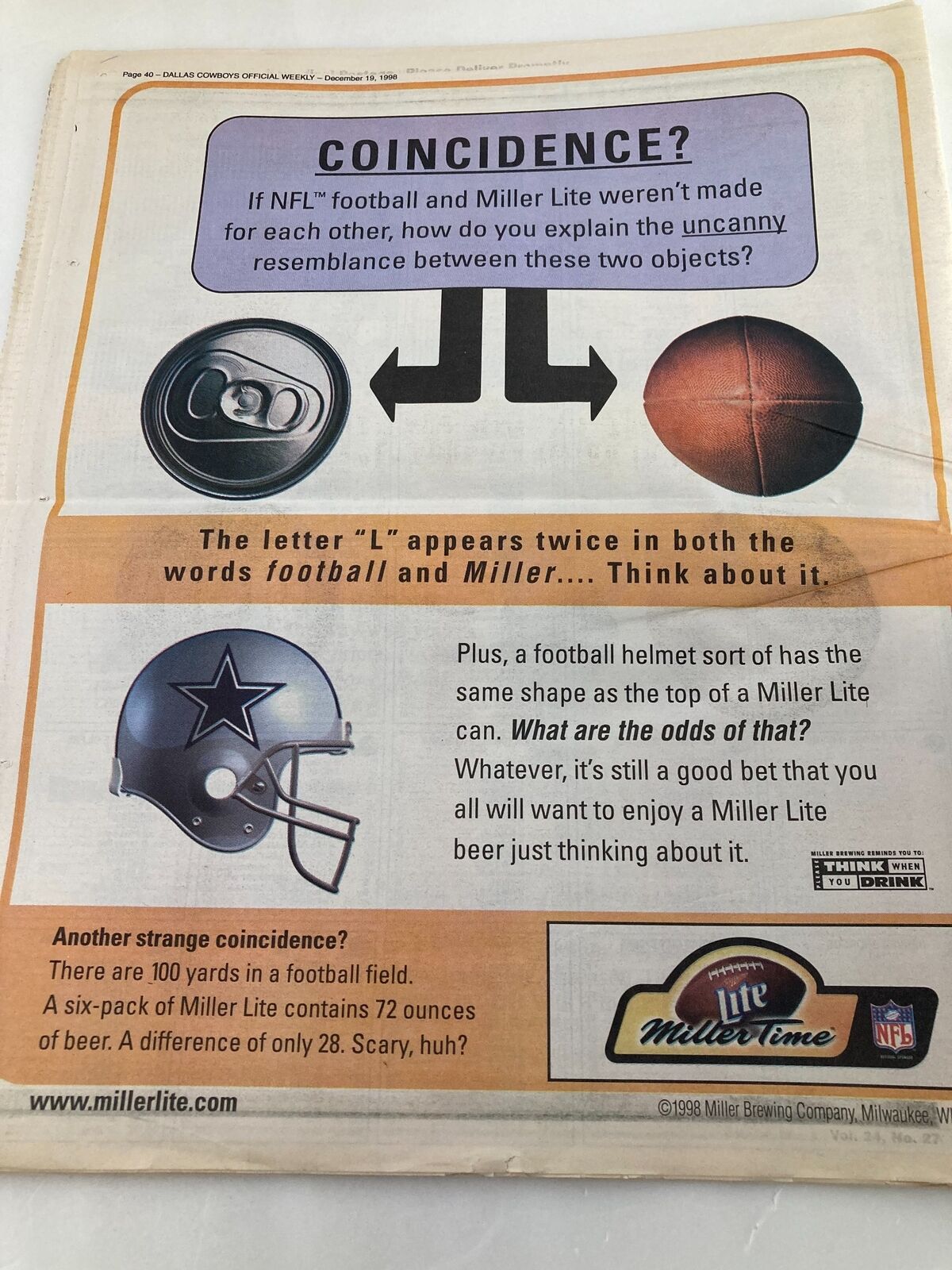 Dallas Cowboys Weekly Newspaper December 16 1998 Vol 24 #27 Kevin Mathis featuring an advertisement for Miller Lite, emphasizing the connection between sports and beer with engaging humor about coincidences.