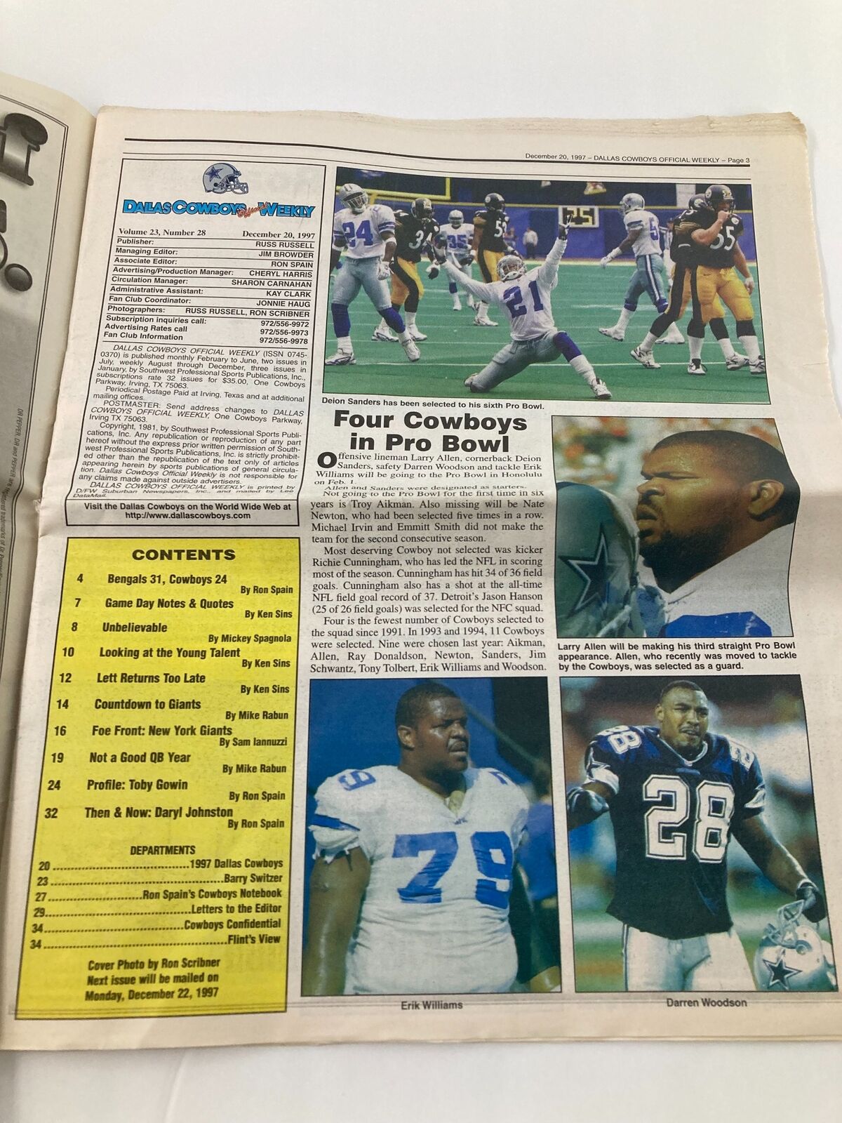 Dallas Cowboys Weekly Newspaper December 20 1997 Vol 23 #28 displaying the interior page with highlights of four players selected for the Pro Bowl, including mentions of the Dallas Cowboys.
