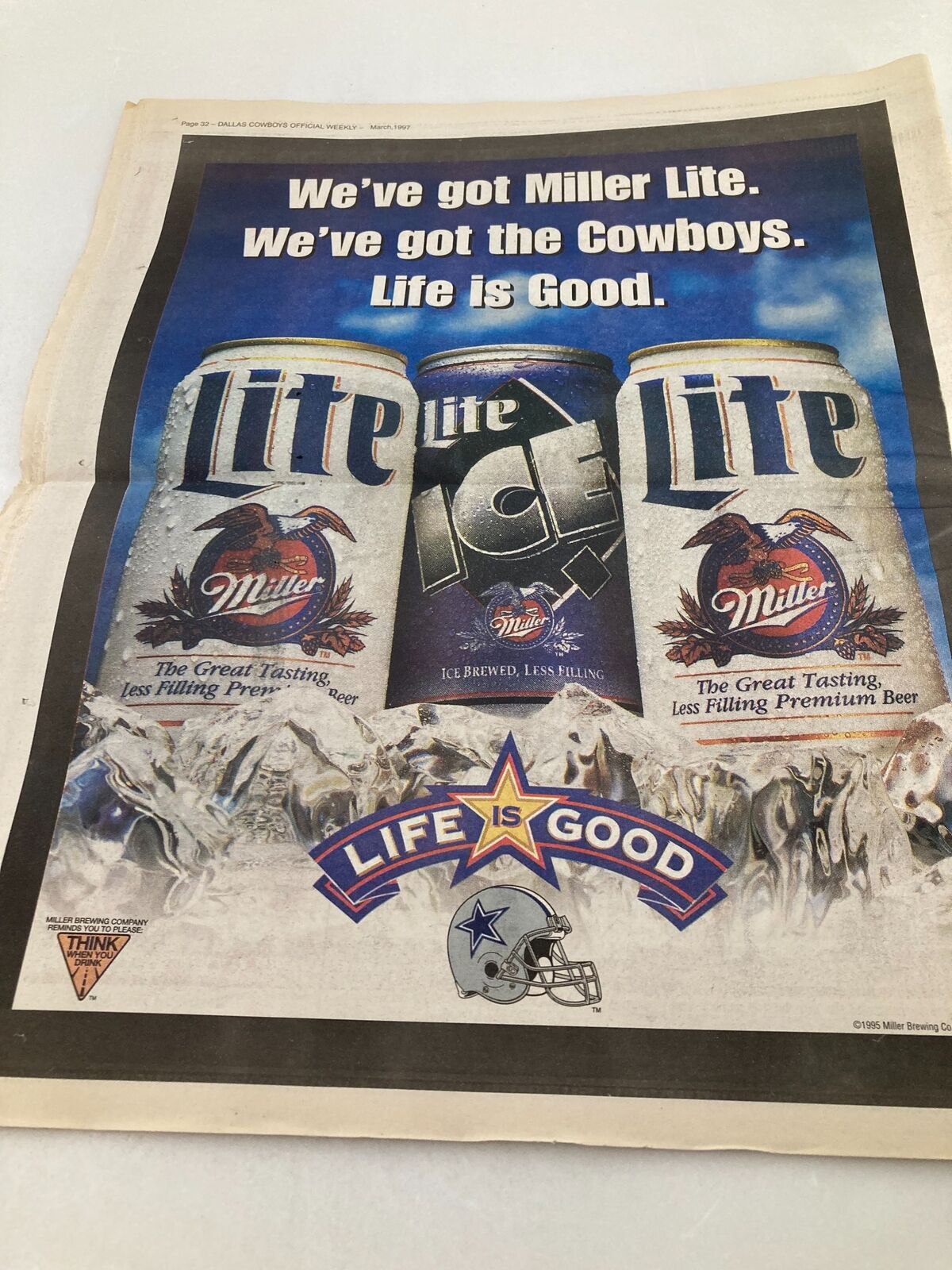 Advertisement for Miller Lite within the Dallas Cowboys Weekly Newspaper, March 1997, Vol 23 #2, promoting the beer alongside the Cowboys brand.