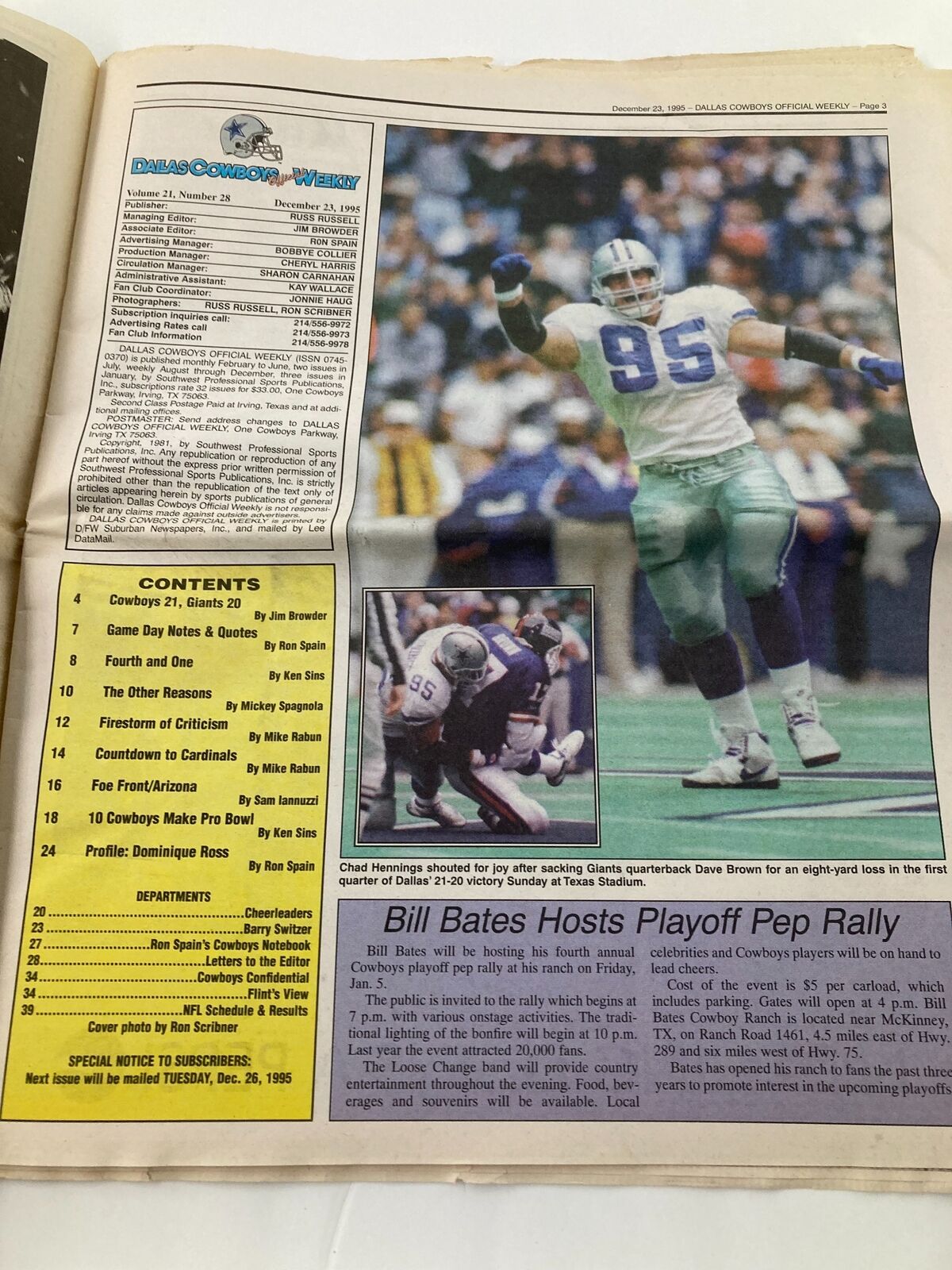Contents page of Dallas Cowboys Weekly Newspaper December 23 1995 Vol 21 #28 detailing segments including Bill Bates hosting a Pep Rally.