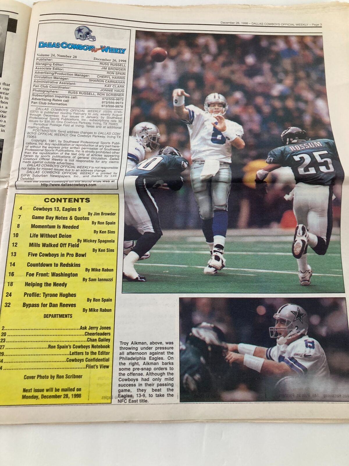 Inside page of Dallas Cowboys Weekly, December 26, 1998, highlighting contents including player statistics and game summaries.