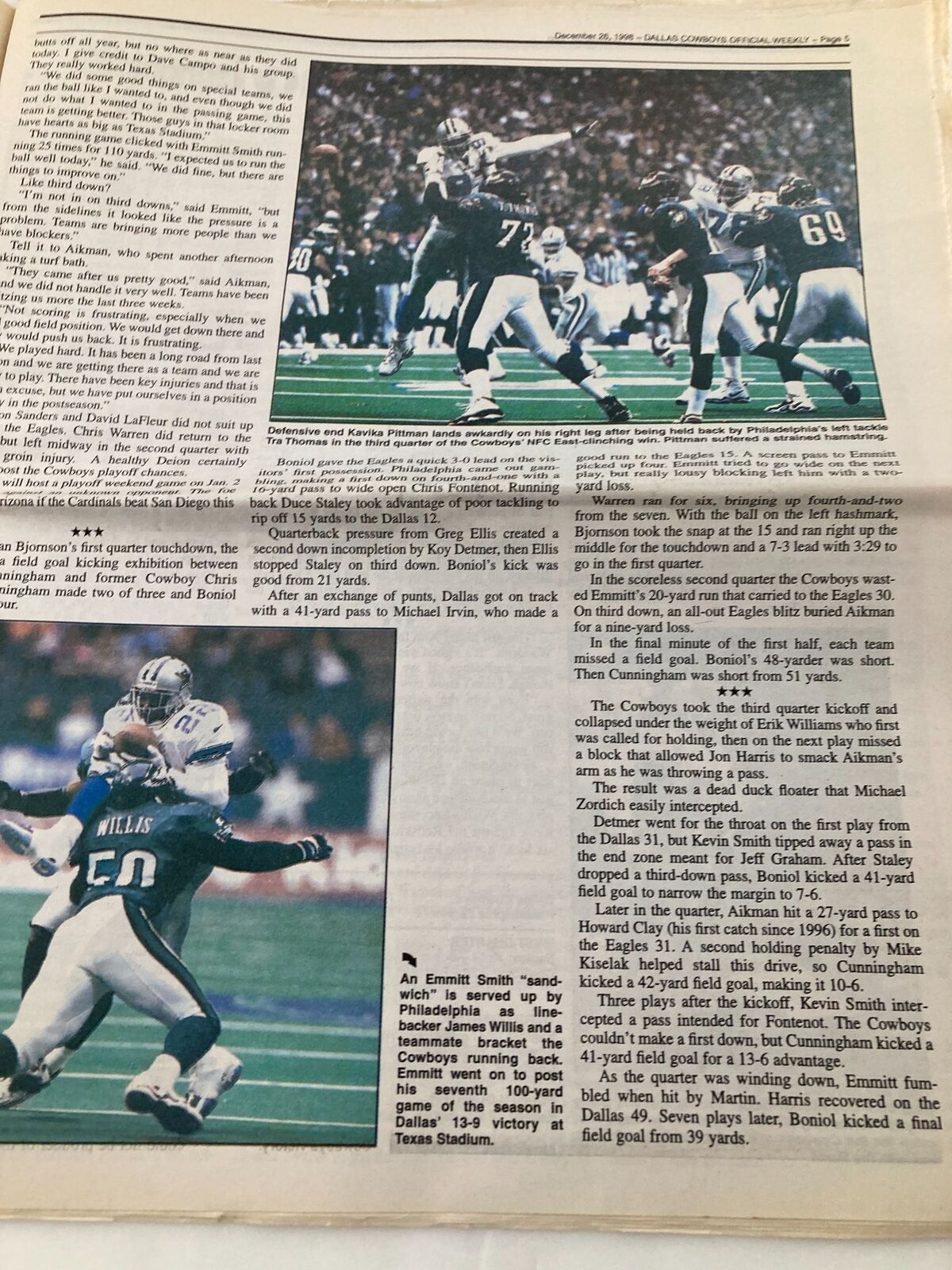 Another article feature from Dallas Cowboys Weekly, December 26, 1998, covering key game moments and player performances.
