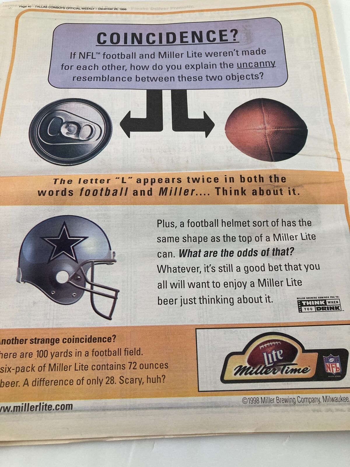 Image from Dallas Cowboys Weekly Newspaper dated December 26, 1998, Volume 24, Issue 28 featuring a humorous article about the similarities between NFL football and Miller Lite beer, highlighting a football helmet and beer cans.