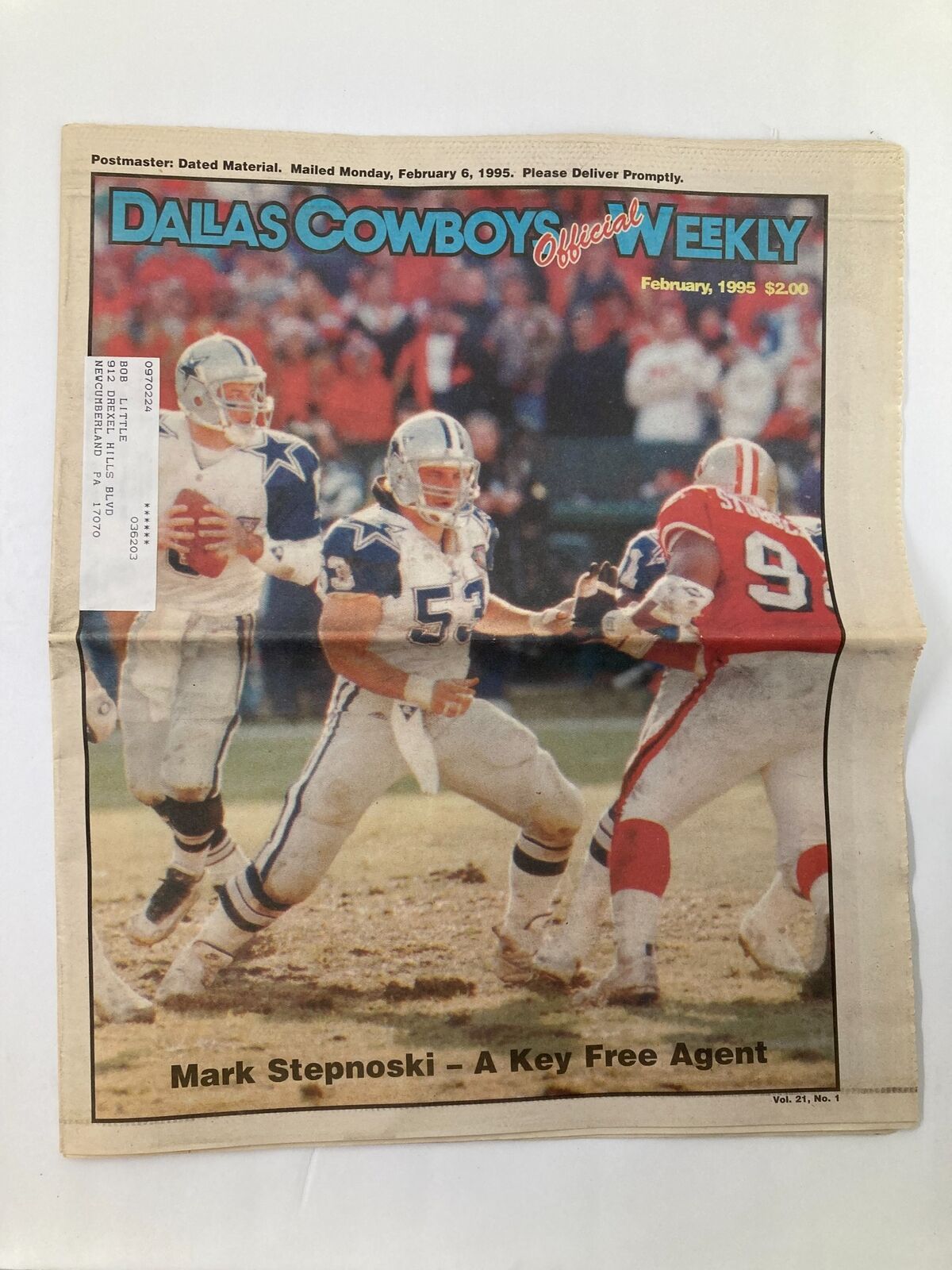 Dallas Cowboys Weekly Newspaper February 1995 Vol 21 #1 featuring Mark Stepnoski on the cover, showing a game moment with players in action.