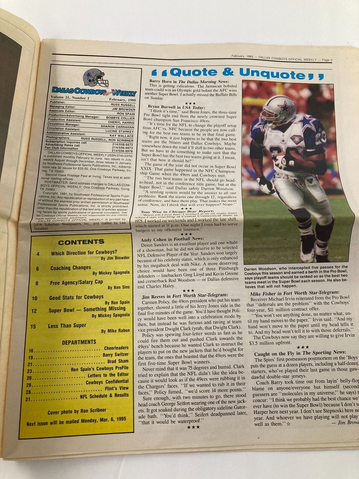 Another internal page from the Dallas Cowboys Weekly Newspaper February 1995 Vol 21 #1, highlighting player commentary and analysis.