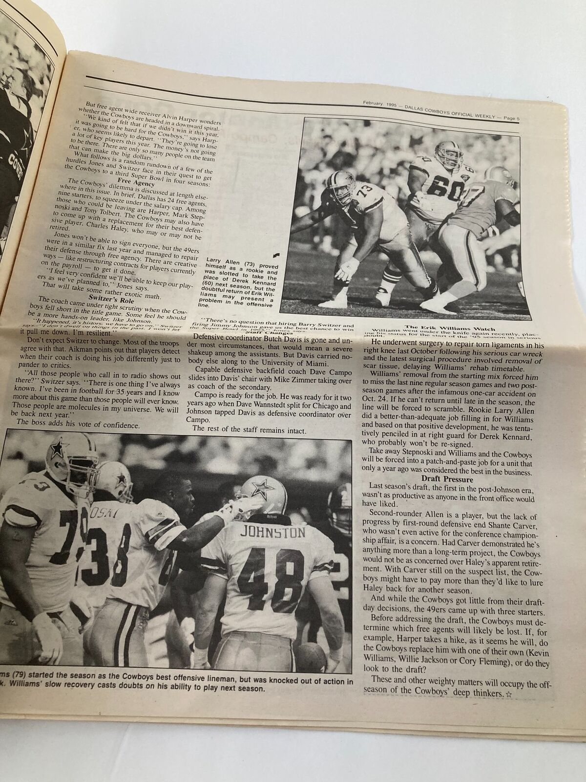 Dallas Cowboys Weekly Newspaper February 1995 Vol 21 #1 showcasing the team roster and game strategies, with a focus on player performance and coaching staff.