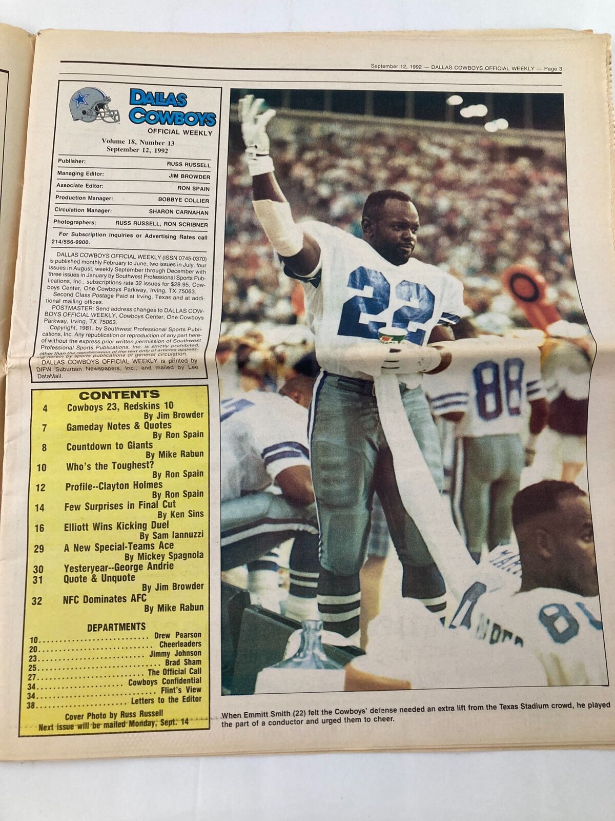 Dallas Cowboys Weekly Newspaper September 12 1992 with a photo of player Emmitt Smith (22) celebrating, includes game contents and discussion points.
