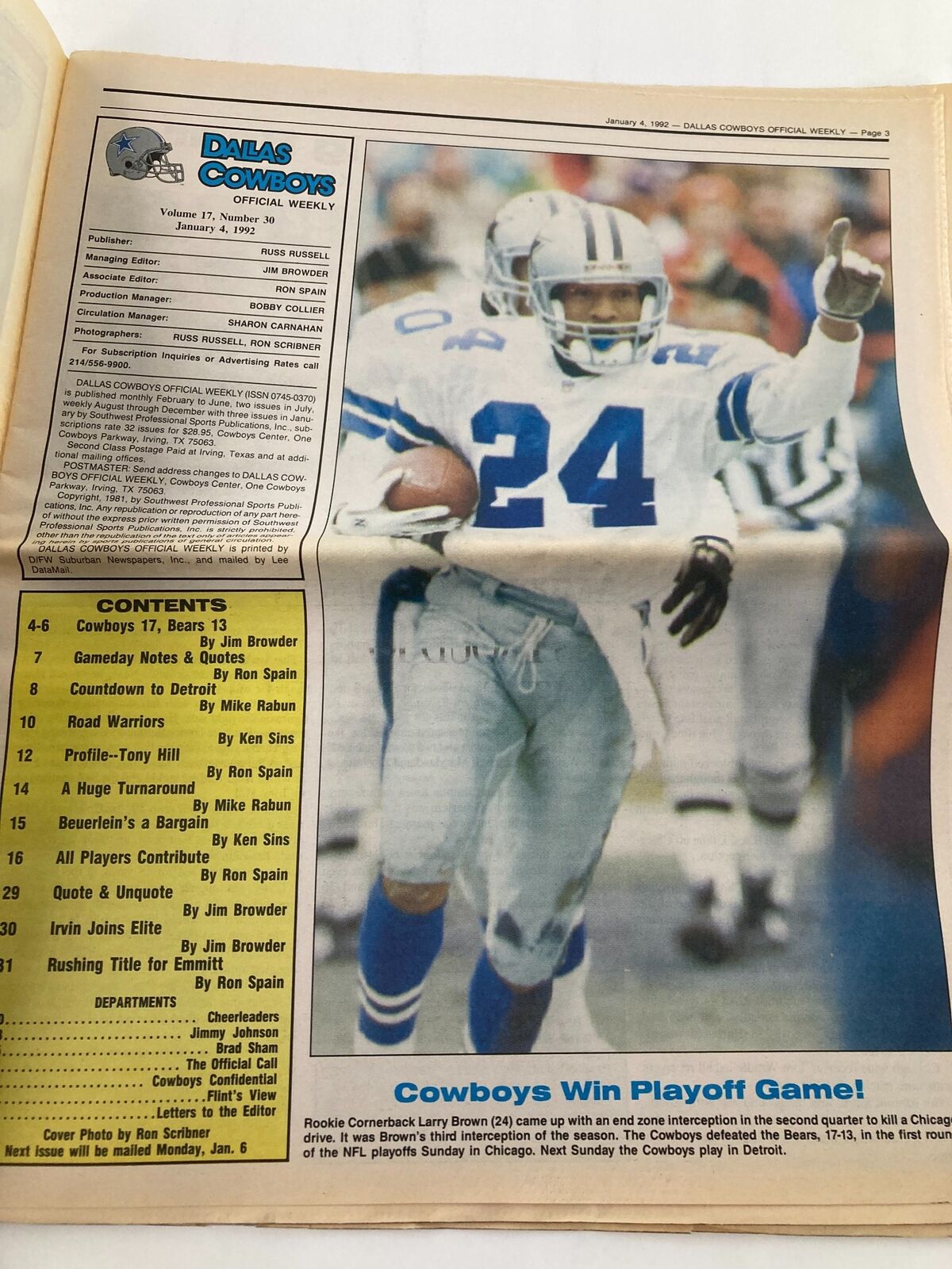Dallas Cowboys Weekly Newspaper January 4 1992 Vol 17 #30 showcasing the contents and highlights, including Cowboys' win against the Bears. The publication emphasizes key players and statistics from the game.