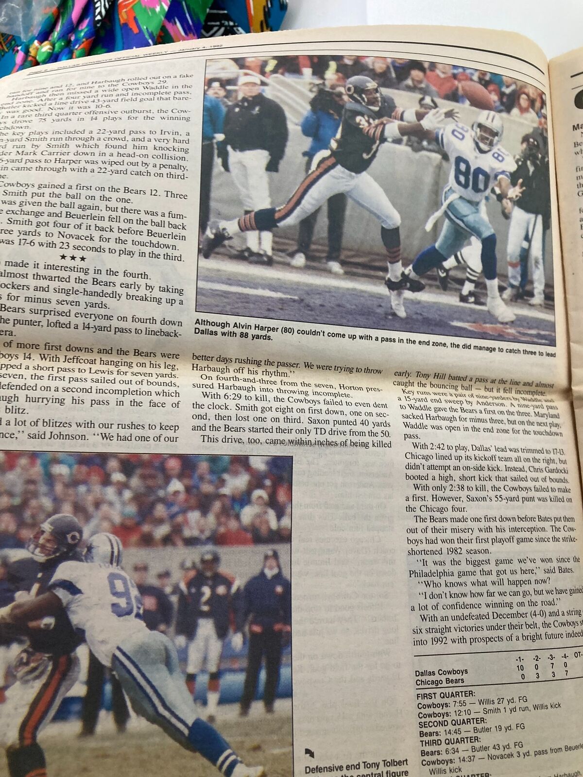 Dallas Cowboys Weekly Newspaper January 4 1992 Vol 17 #30 Jimmie Jones featuring a game action shot of Alvin Harper attempting to catch a pass against the Chicago Bears.