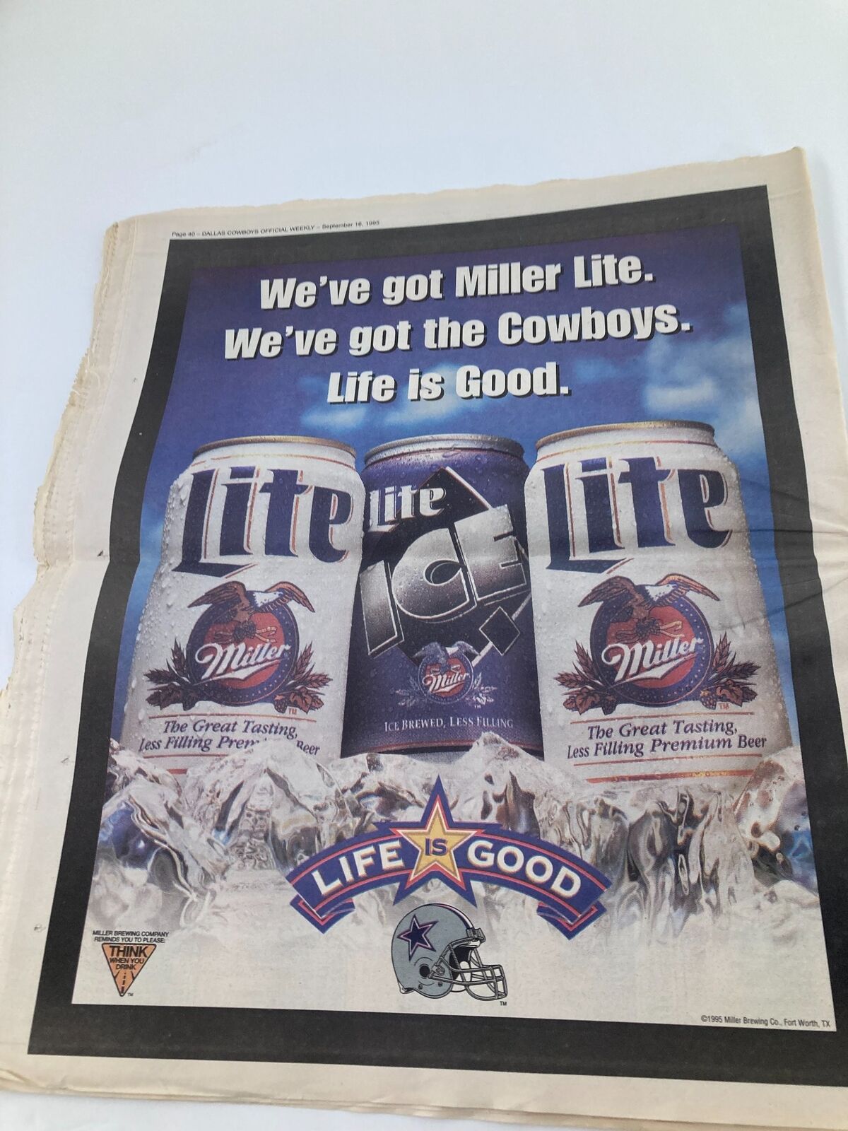 Dallas Cowboys Weekly Newspaper September 16 1995 Vol 21 #14 featuring an advertisement for Miller Lite beer highlighting the connection with the Dallas Cowboys.