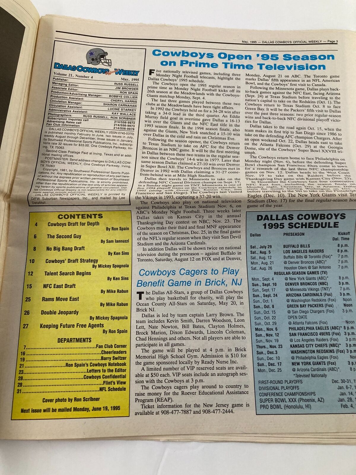 Inside page of the Dallas Cowboys Weekly Newspaper from May 1995, detailing the Cowboys' opening season on prime time television and other articles related to the team, including a schedule for the 1995 season.