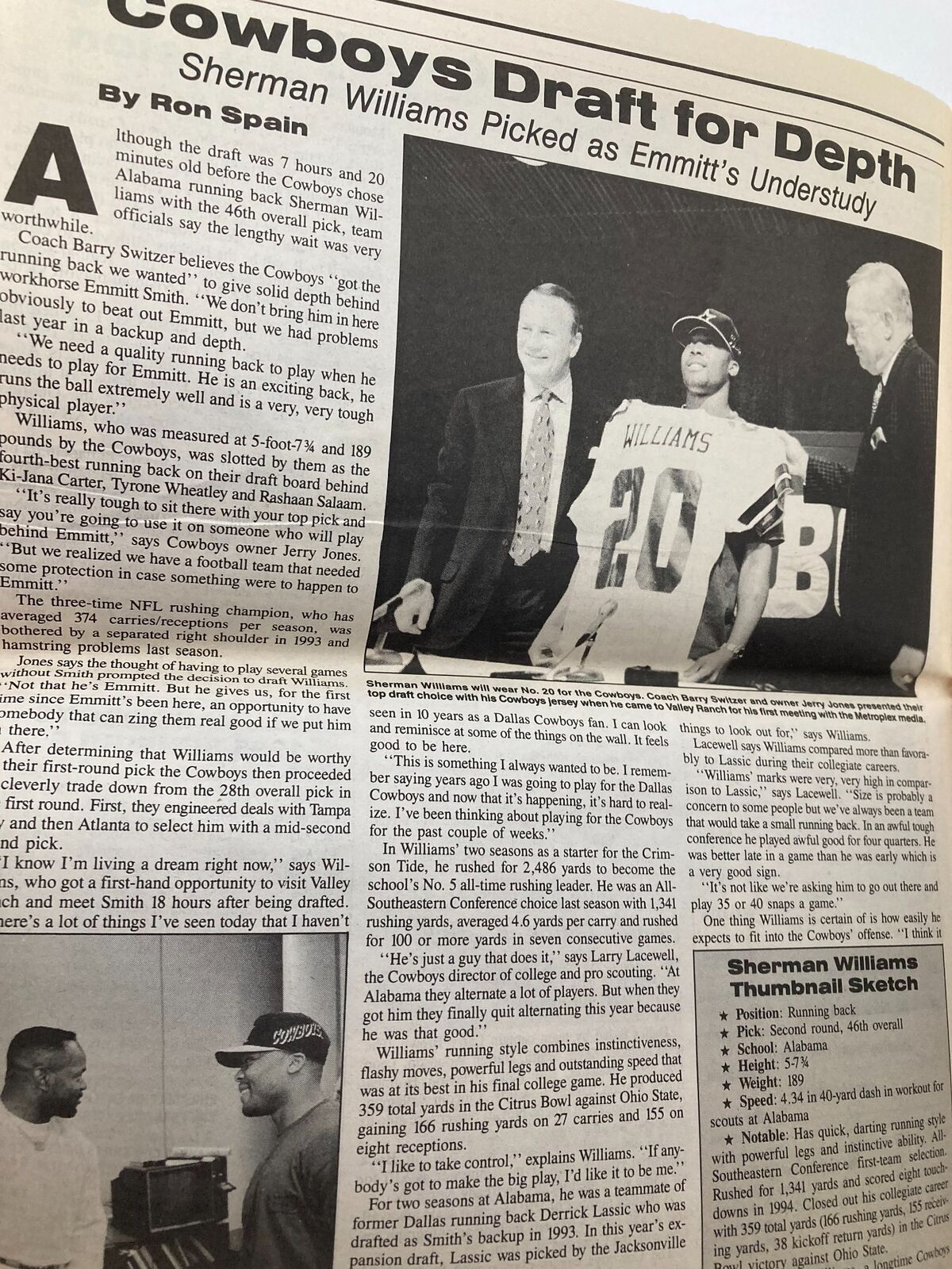 Article from Dallas Cowboys Weekly Newspaper May 1995 Vol 21 #4 featuring Sherman Williams being selected in the NFL Draft, showcasing commentary by Ron Spain.