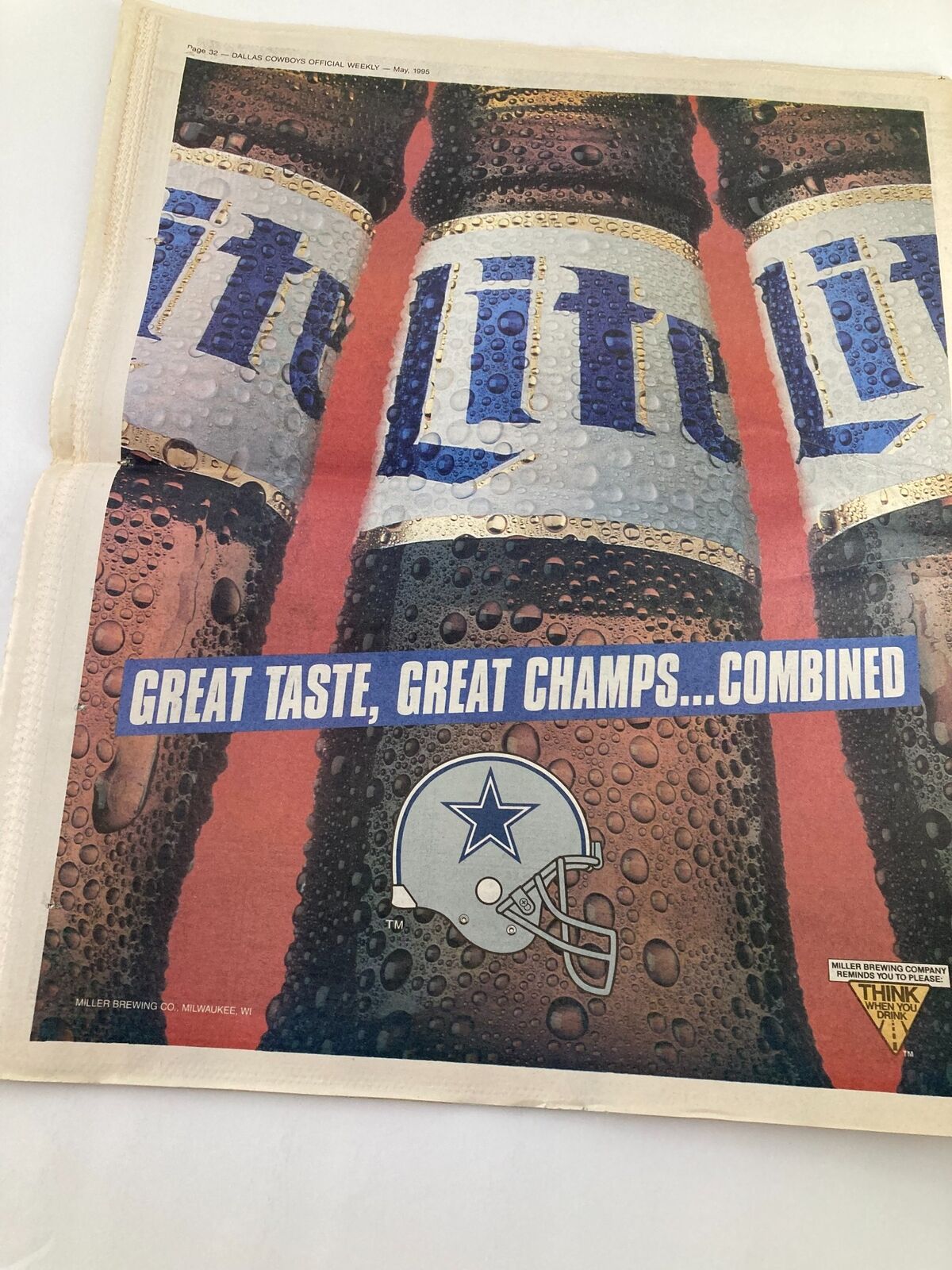 Advertisement in Dallas Cowboys Weekly Newspaper May 1995 Vol 21 #4 promoting Miller Beer, featuring the slogan 'Great taste, great champs...combined' with the Dallas Cowboys logo.
